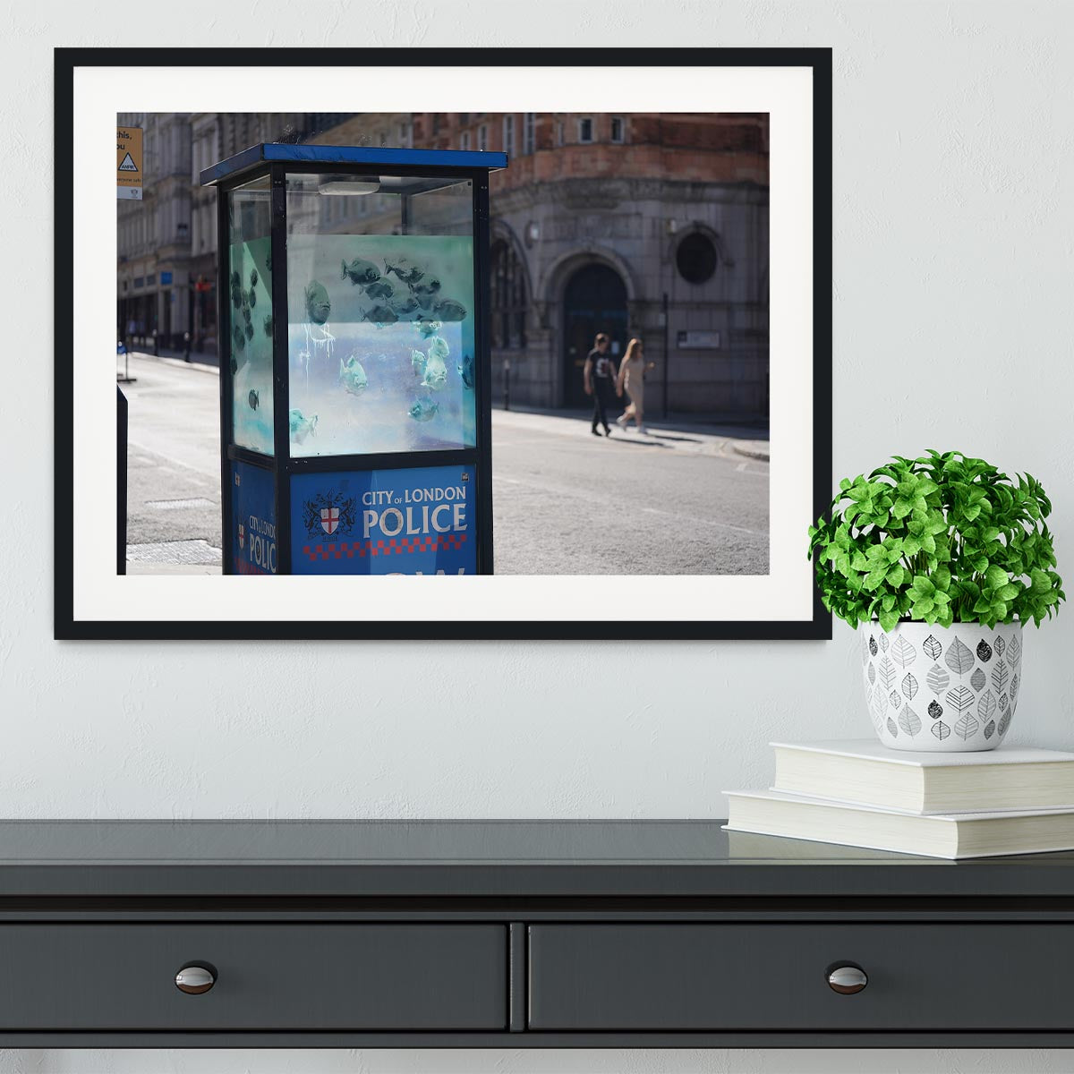 Banksy Fish Police Box Framed Print - Canvas Art Rocks - 1