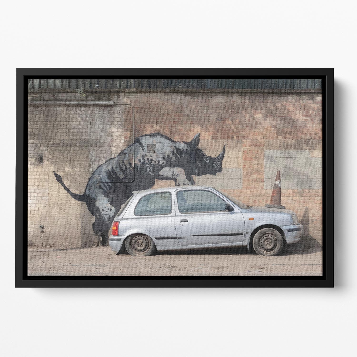 Banksy Rhino In Charlton Floating Framed Canvas - Canvas Art Rocks - 2