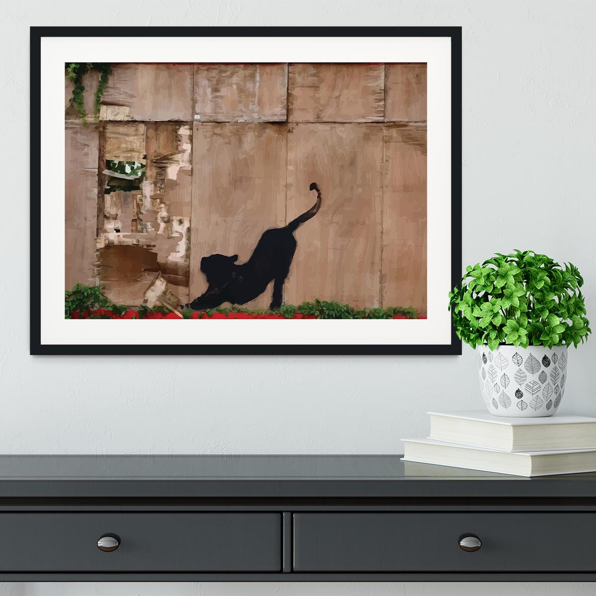 Banksy Stretching Cat Framed Print - Canvas Art Rocks - 1