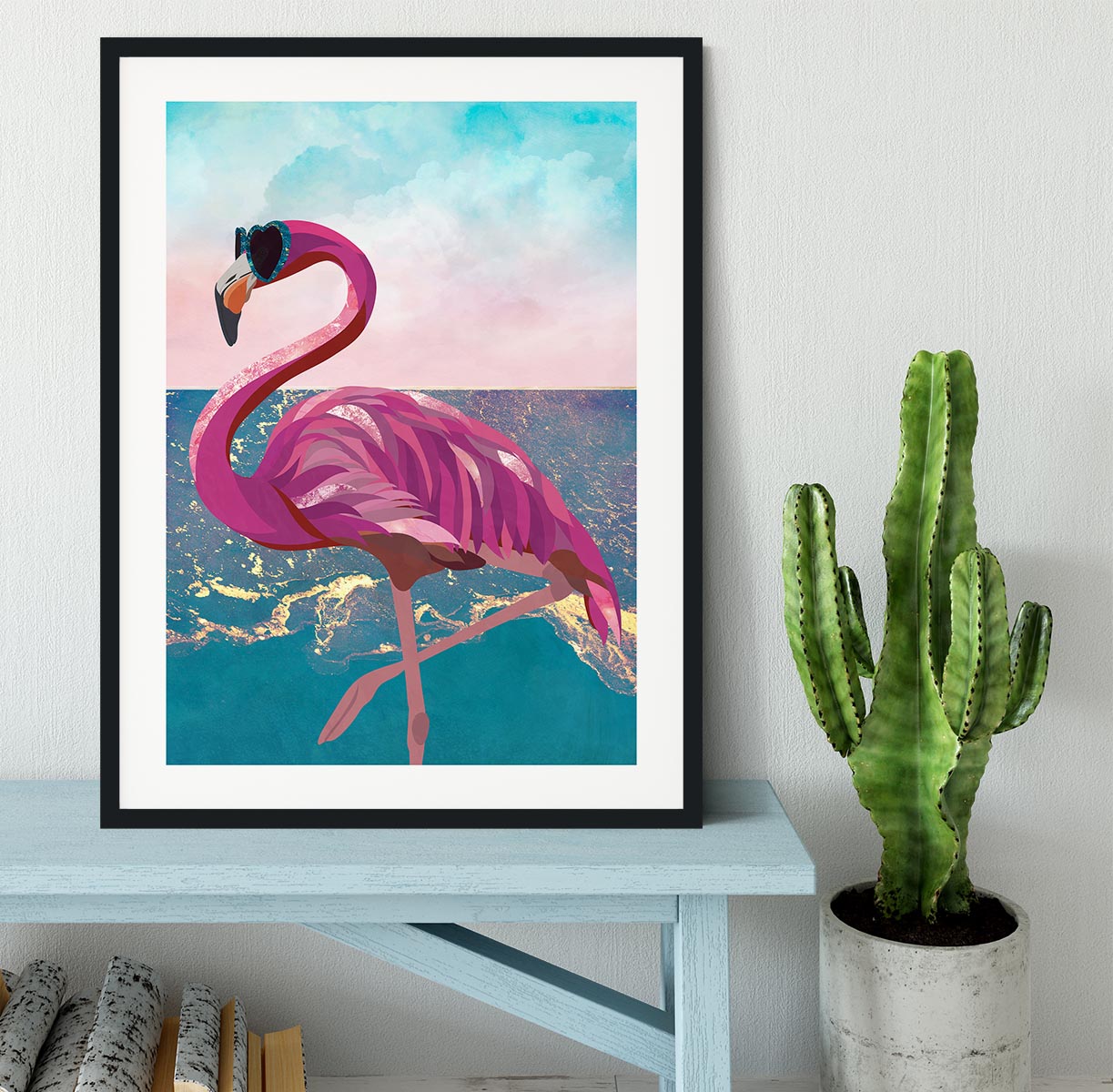 Flamingo goes to the beach Framed Print - 1x - 1