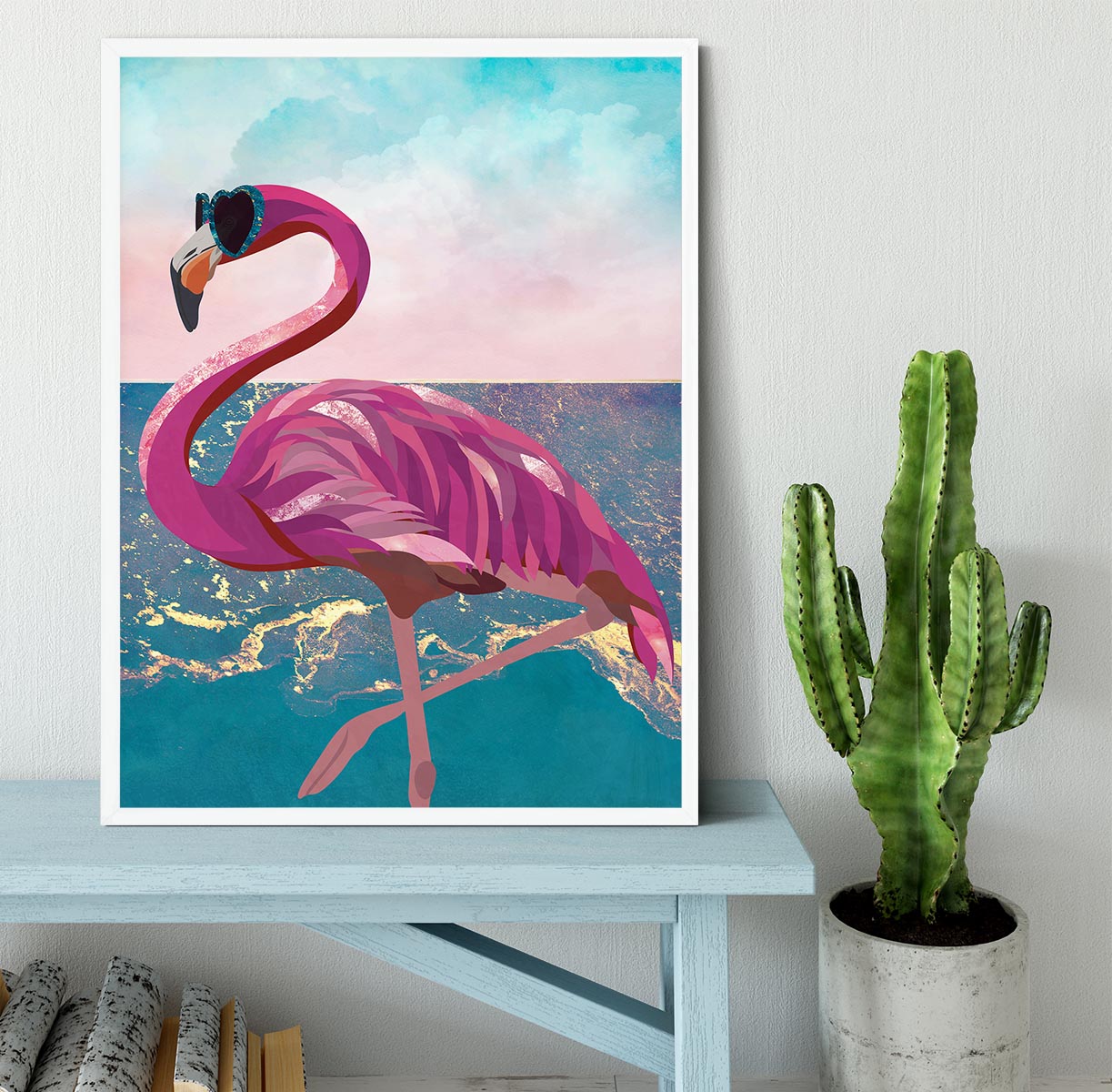 Flamingo goes to the beach Framed Print - 1x -6