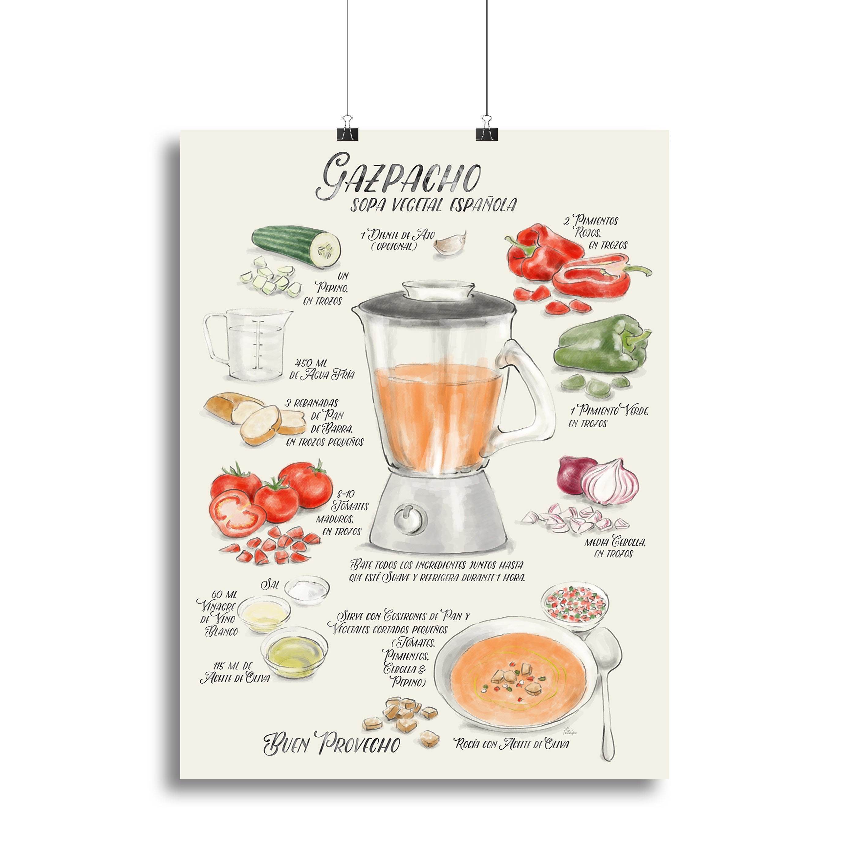Gazpacho illustrated recipe in Spanish Canvas Print or Poster - Canvas Art Rocks - 2