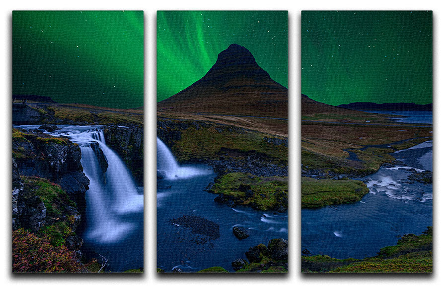 Kirkjufell Under a boreal green sky 3 Split Panel Canvas Print - Canvas Art Rocks - 1