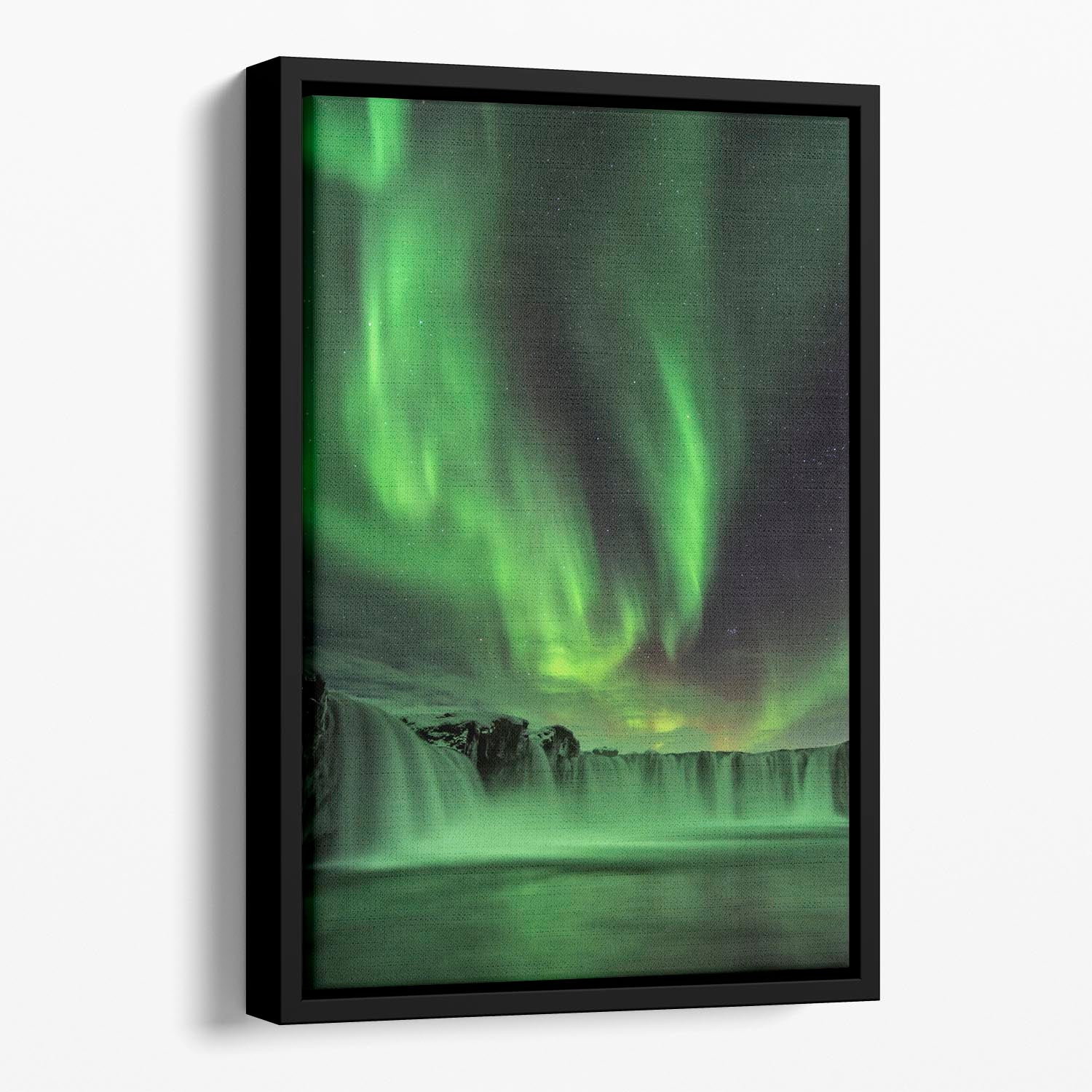 Northern light on Godafoss Floating Framed Canvas - Canvas Art Rocks - 1