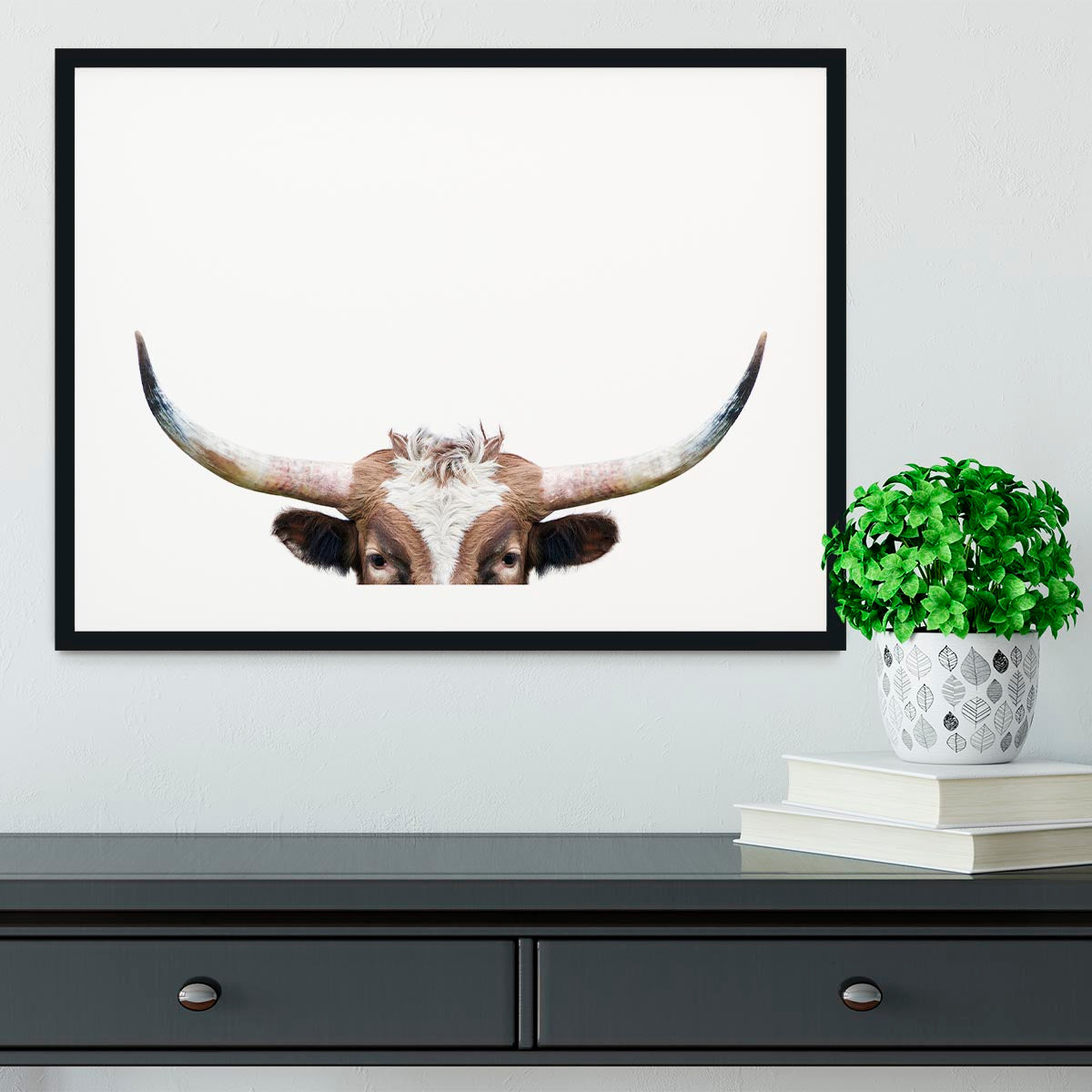 Peeking Longhorn Cow Framed Print - 1x - 1