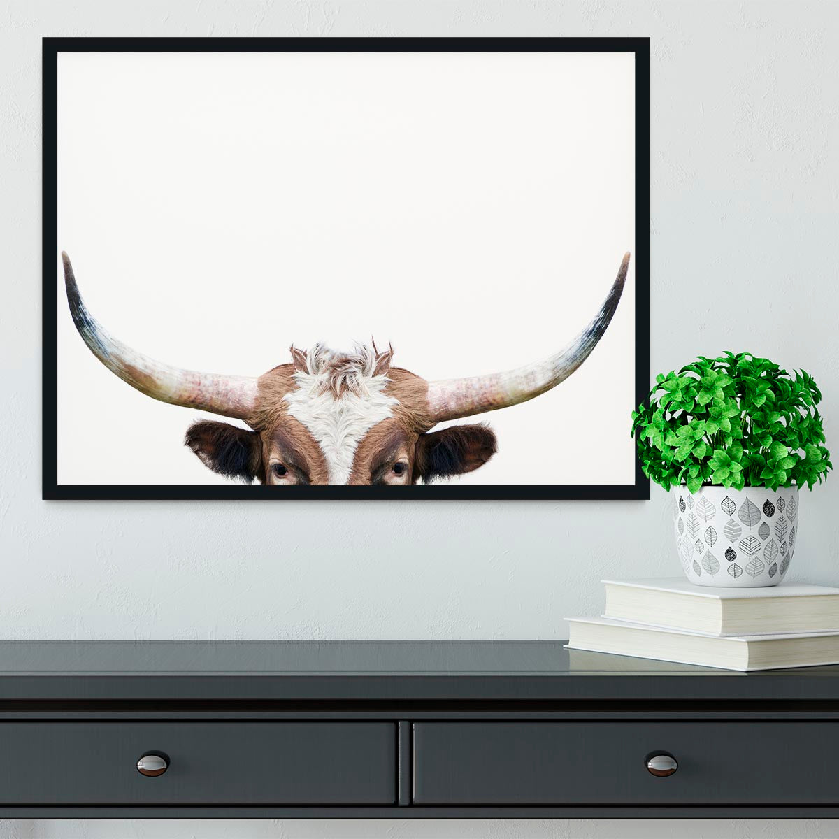 Peeking Longhorn Cow Framed Print - 1x - 2