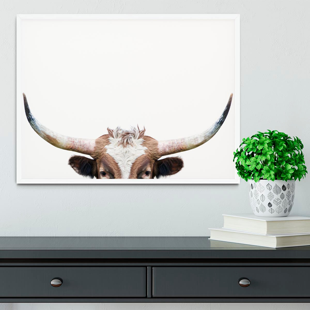 Peeking Longhorn Cow Framed Print - 1x -6