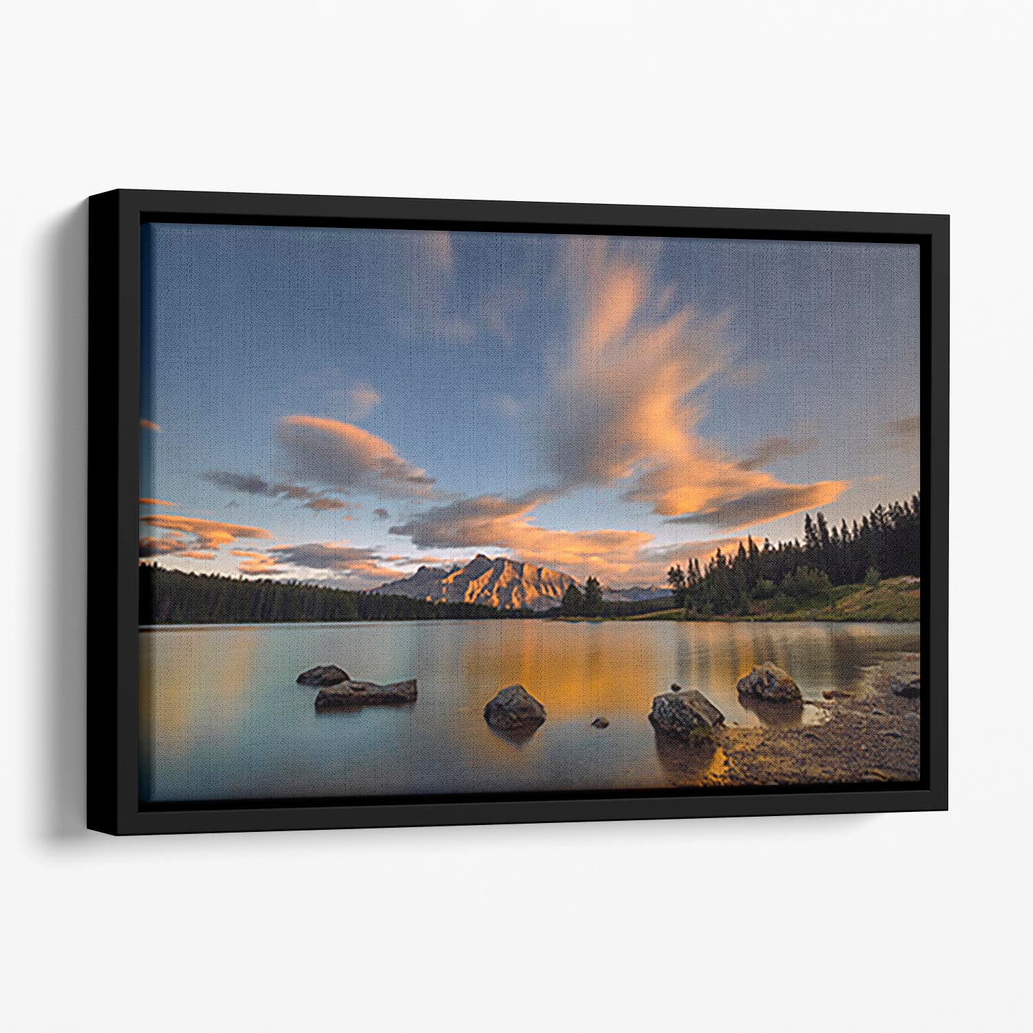 Two Jack Lake Sunset Floating Framed Canvas - Canvas Art Rocks - 1