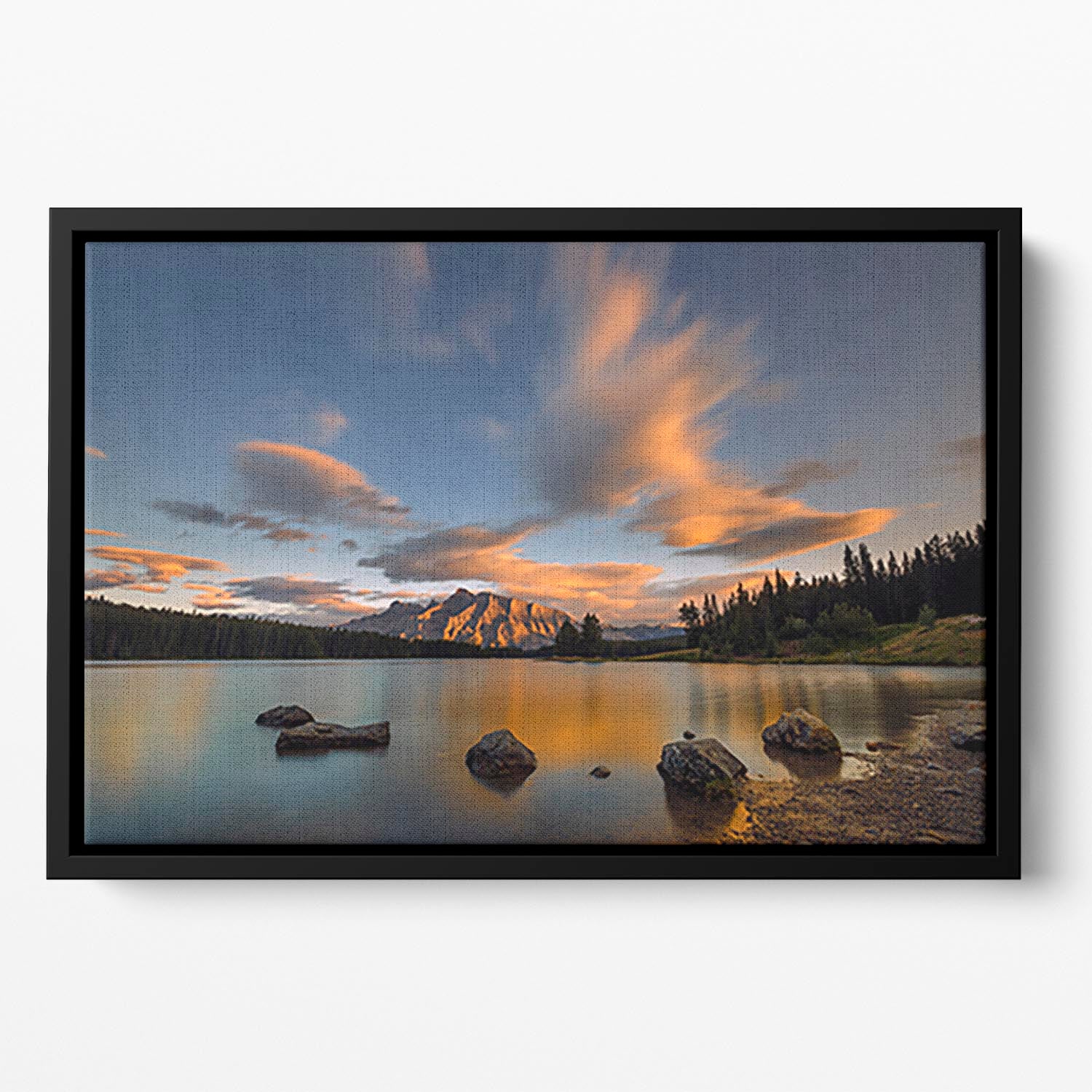 Two Jack Lake Sunset Floating Framed Canvas - Canvas Art Rocks - 2
