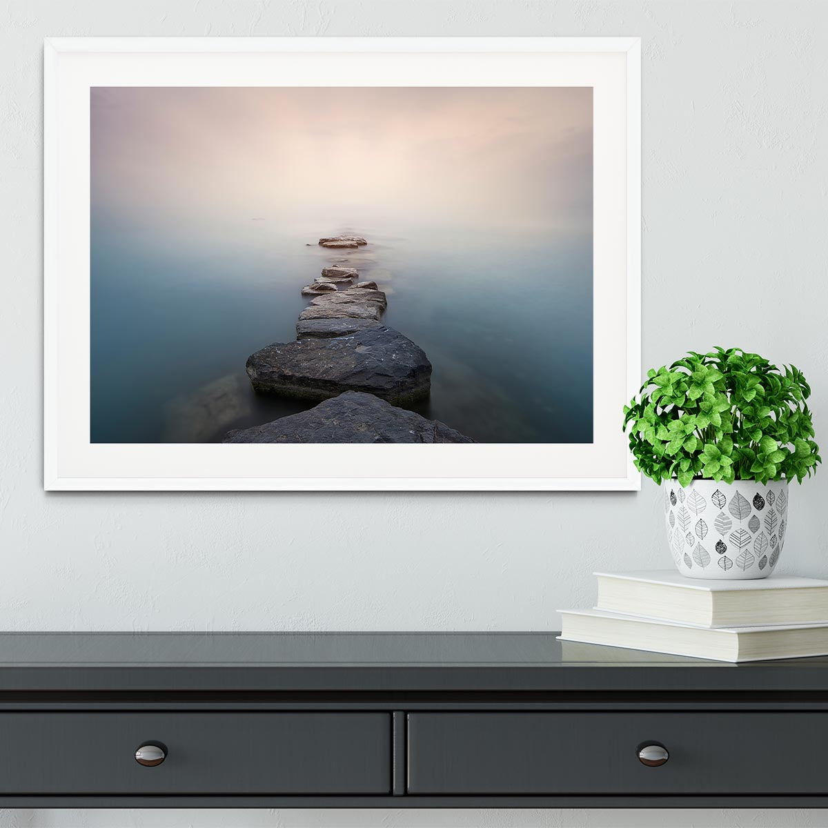 Stones Into The Misty Lake Framed Print - Canvas Art Rocks - 5