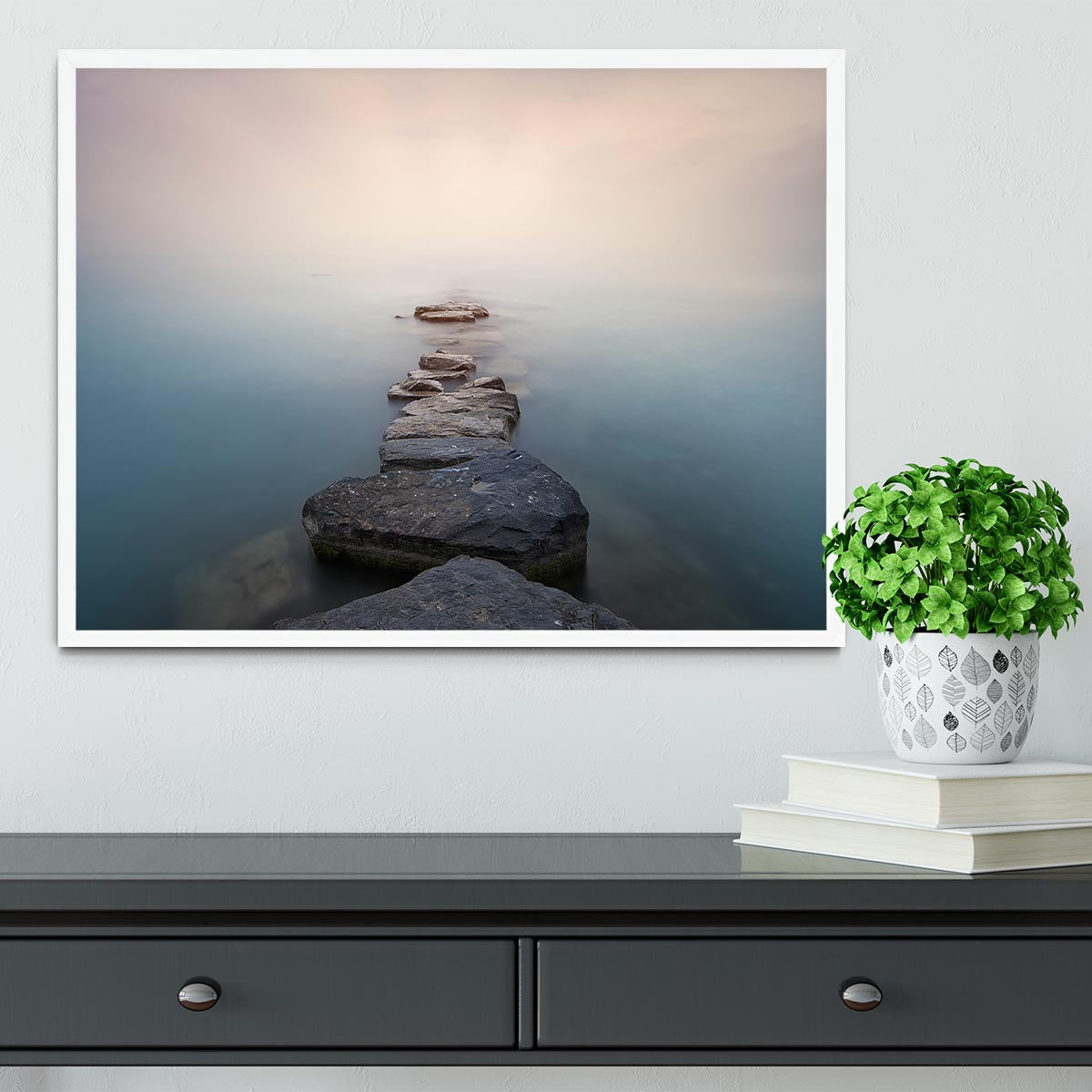 Stones Into The Misty Lake Framed Print - Canvas Art Rocks -6