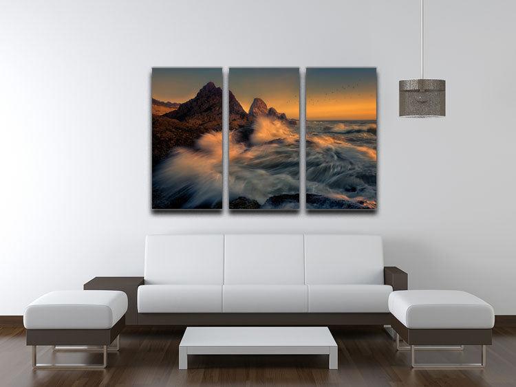 Waves Crashing Into Cliff 3 Split Panel Canvas Print - Canvas Art Rocks - 3