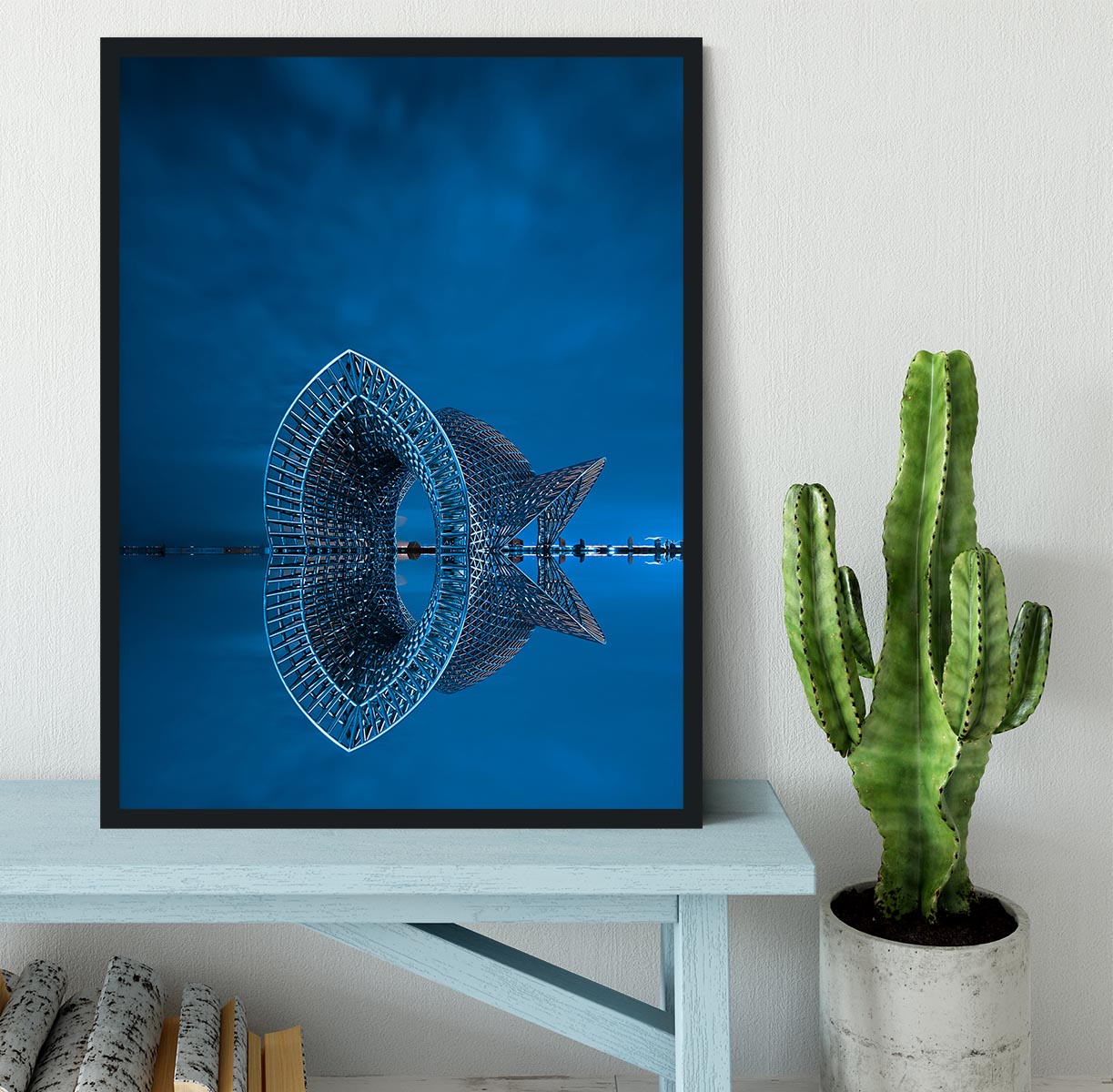 Blue Sculpture Reflected In The Sea Framed Print - Canvas Art Rocks - 2