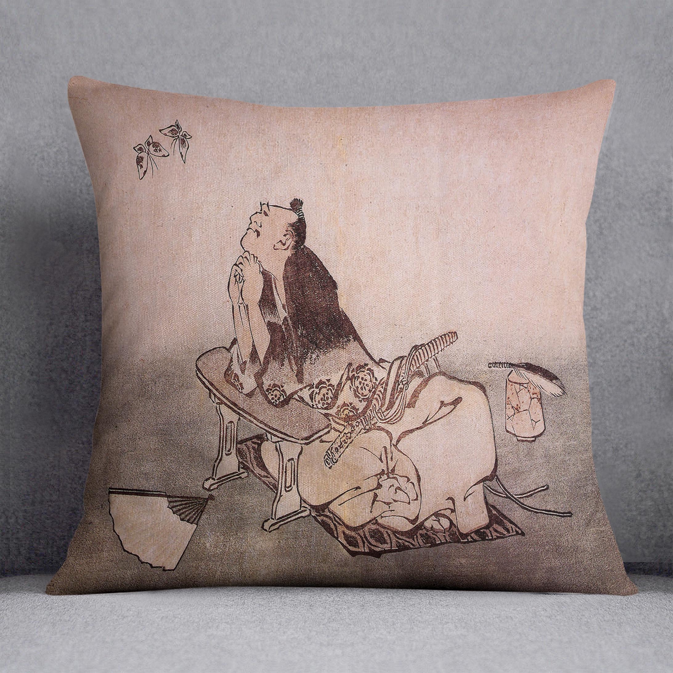 A Philospher looking at two butterflies by Hokusai Cushion