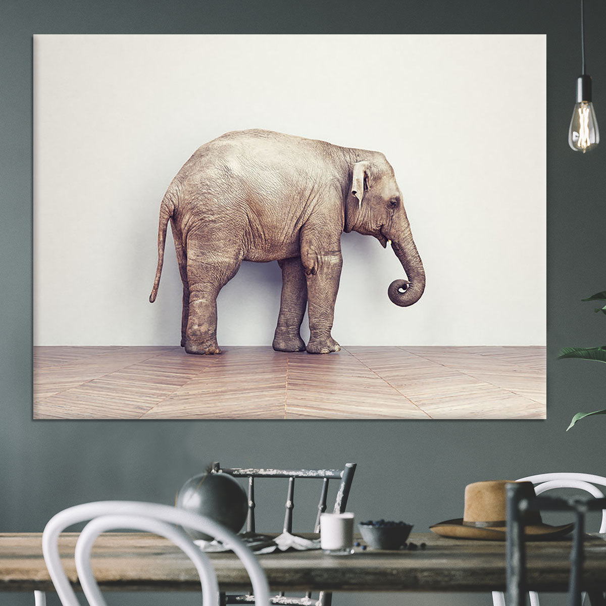 An elephant calm in the room near white wall. Creative concept Canvas Print or Poster - Canvas Art Rocks - 3