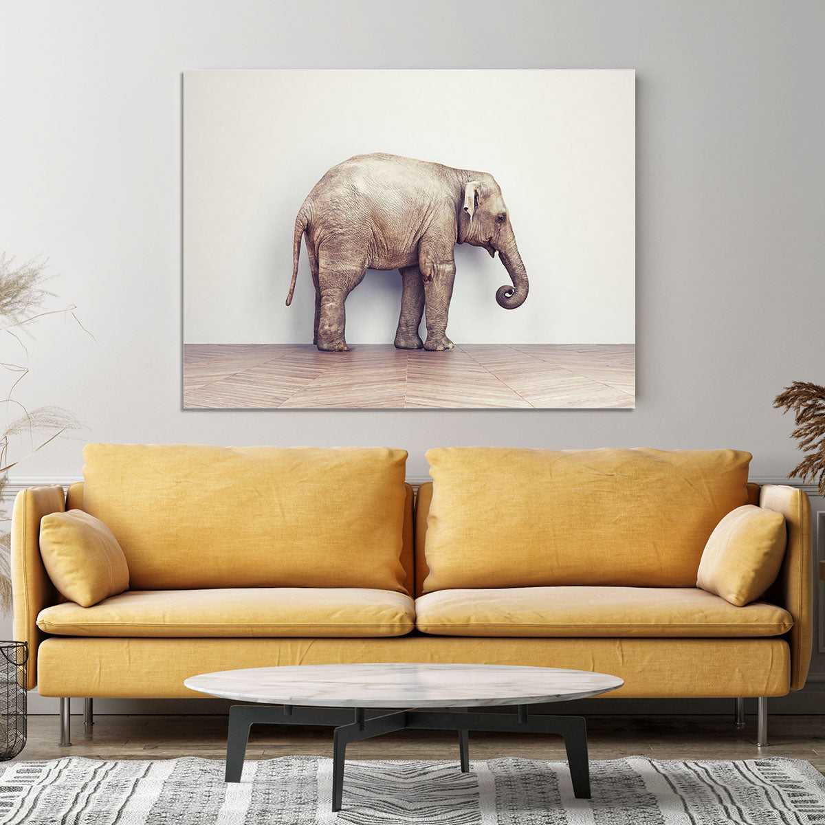 An elephant calm in the room near white wall. Creative concept Canvas Print or Poster - Canvas Art Rocks - 4