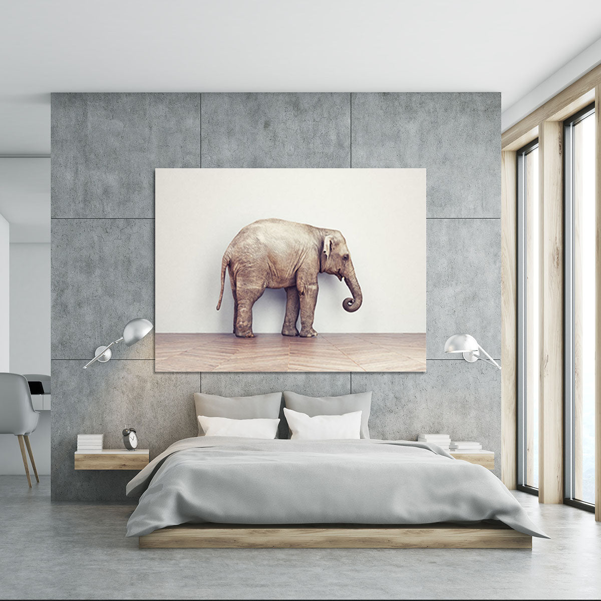 An elephant calm in the room near white wall. Creative concept Canvas Print or Poster - Canvas Art Rocks - 5