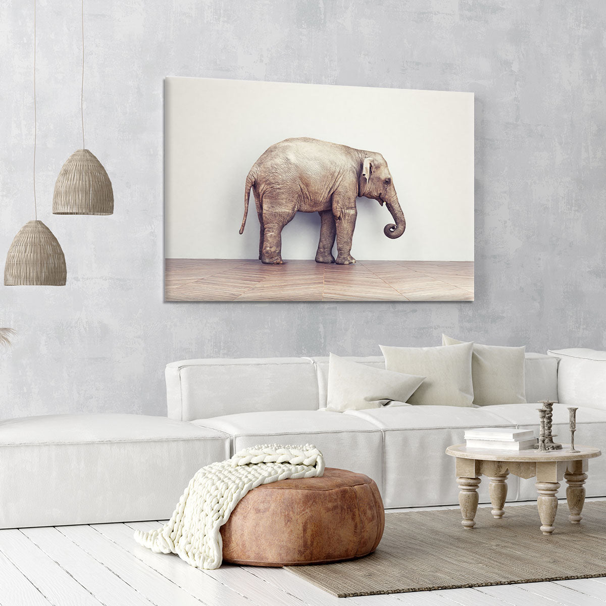 An elephant calm in the room near white wall. Creative concept Canvas Print or Poster - Canvas Art Rocks - 6
