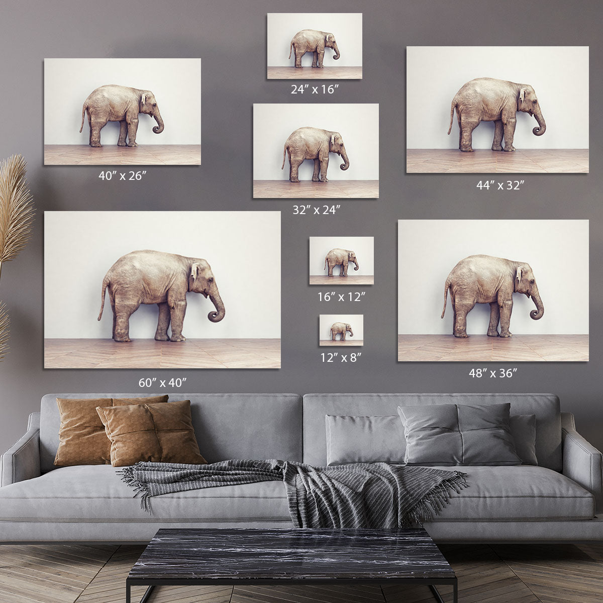 An elephant calm in the room near white wall. Creative concept Canvas Print or Poster - Canvas Art Rocks - 7