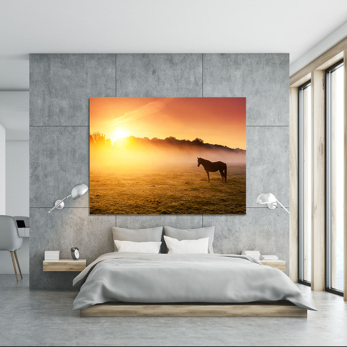 Arabian horses grazing on pasture at sundown in orange sunny beams. Dramatic foggy scene Canvas Print or Poster - Canvas Art Rocks - 5