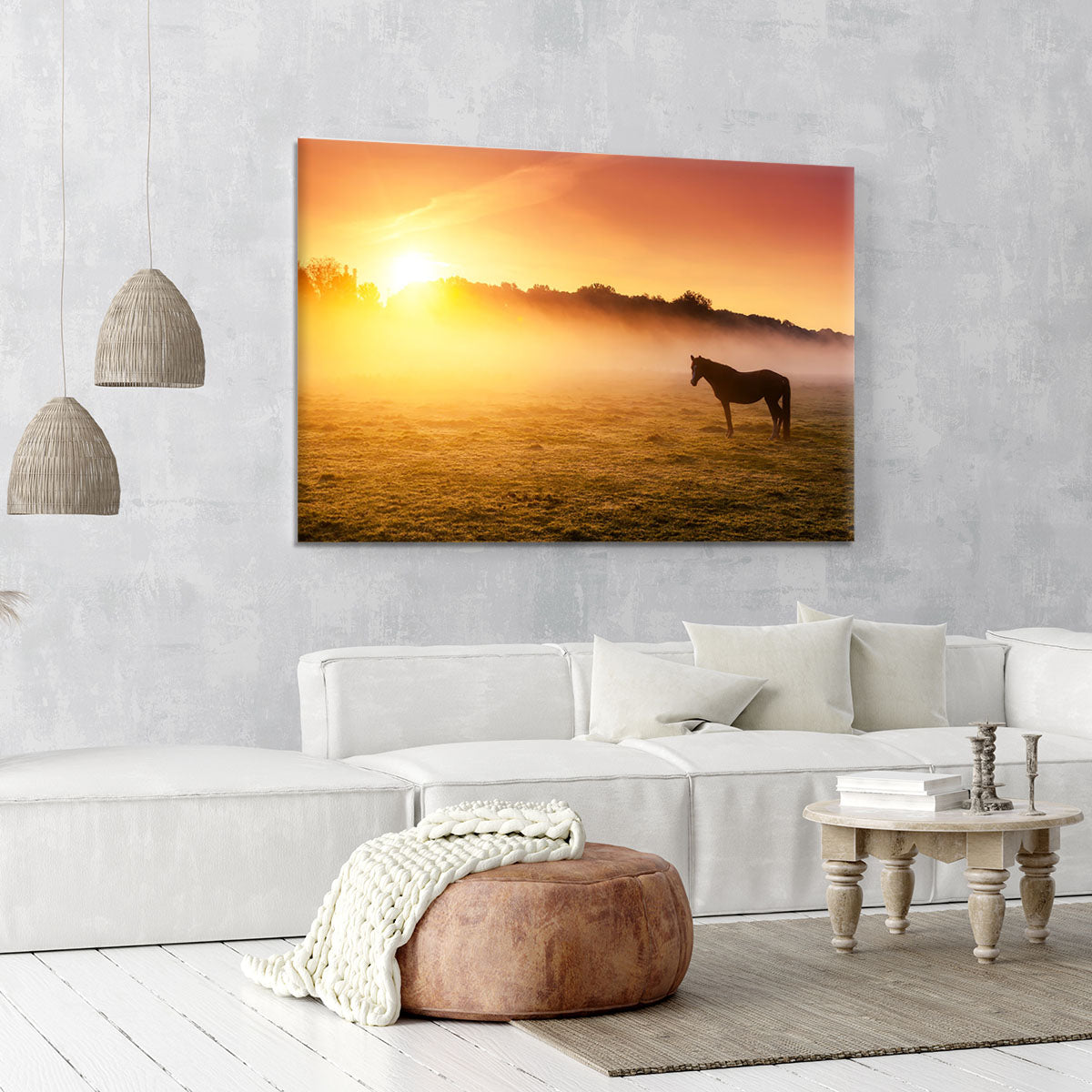 Arabian horses grazing on pasture at sundown in orange sunny beams. Dramatic foggy scene Canvas Print or Poster - Canvas Art Rocks - 6