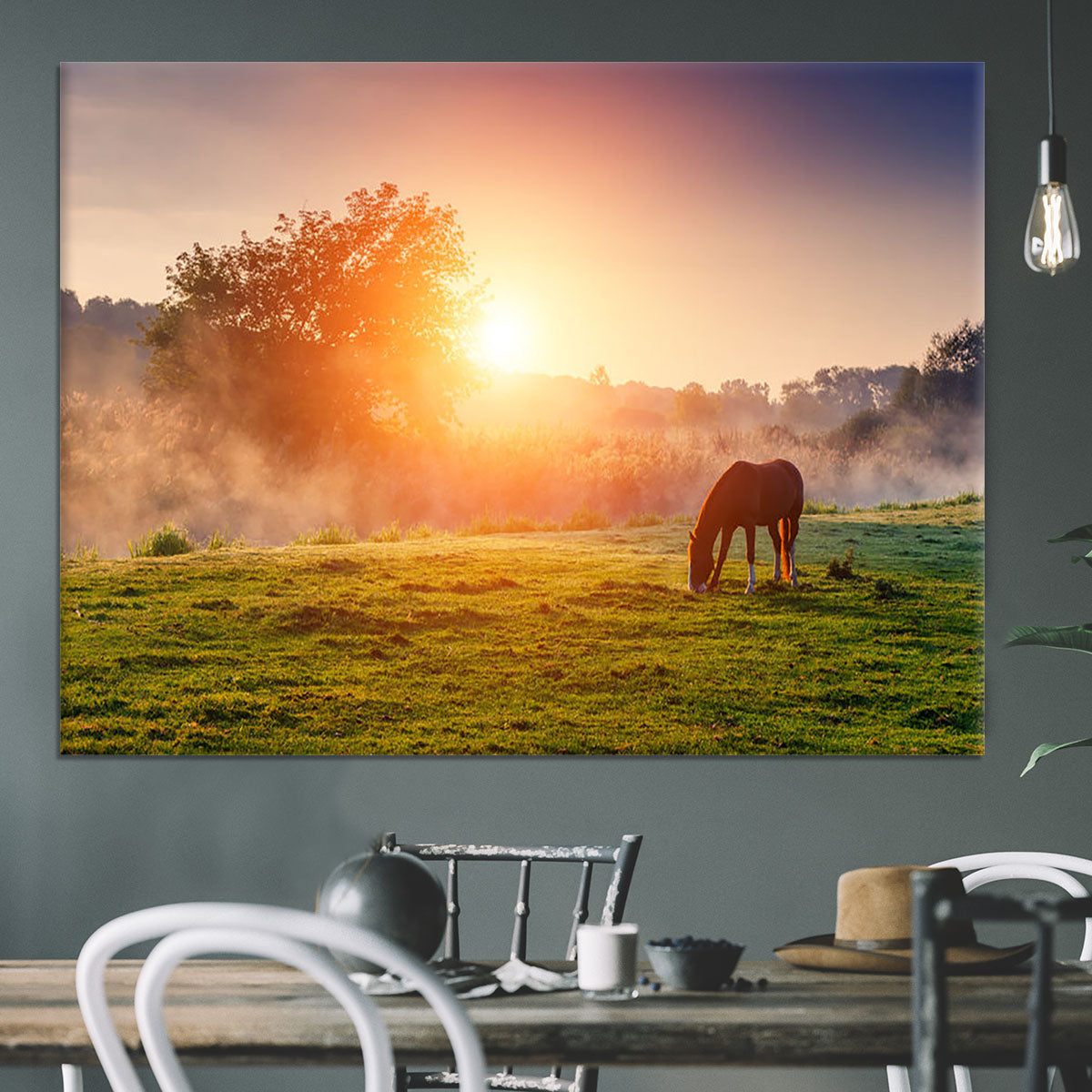 Arabian horses grazing on pasture at sundown in orange sunny beams Canvas Print or Poster - Canvas Art Rocks - 3