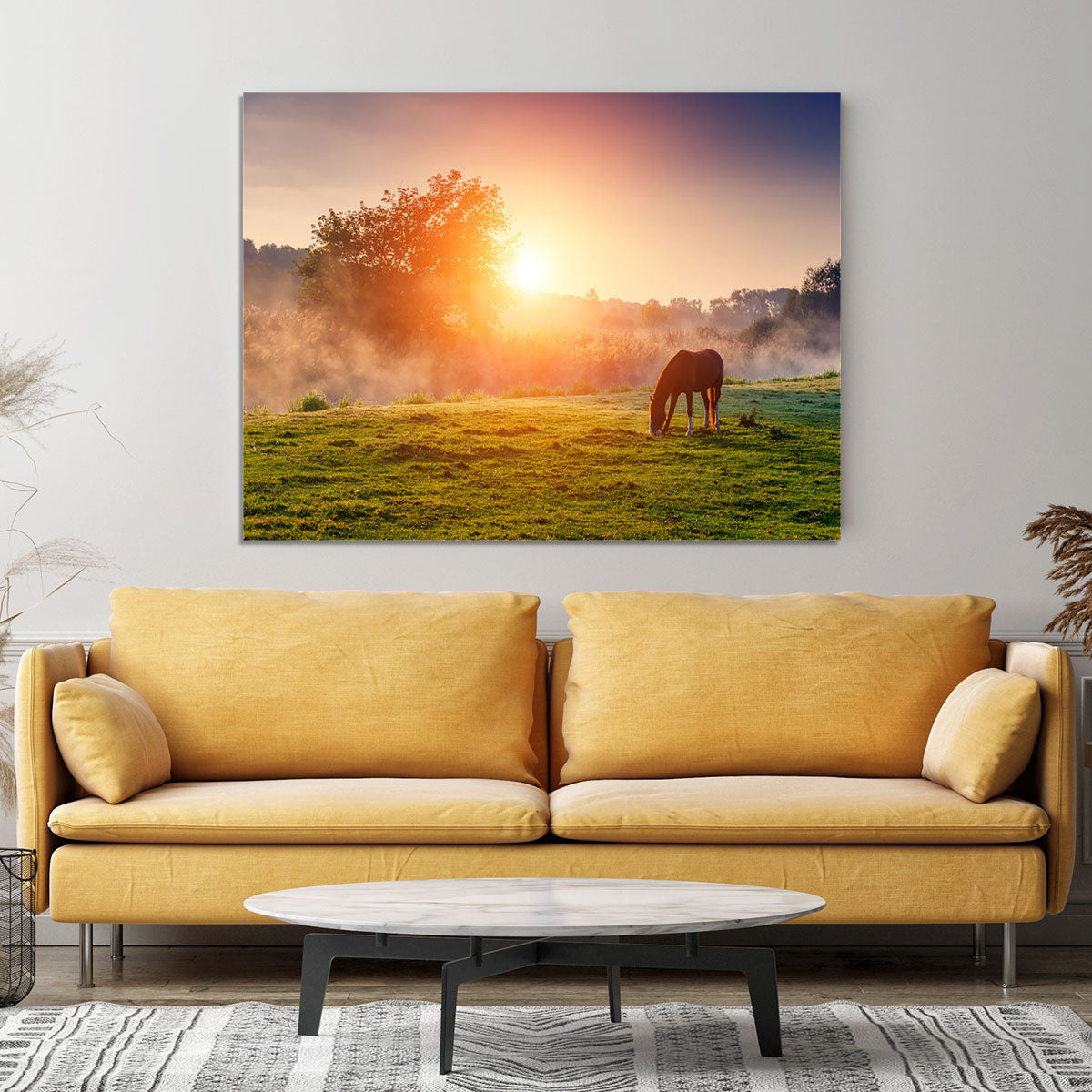 Arabian horses grazing on pasture at sundown in orange sunny beams Canvas Print or Poster - Canvas Art Rocks - 4