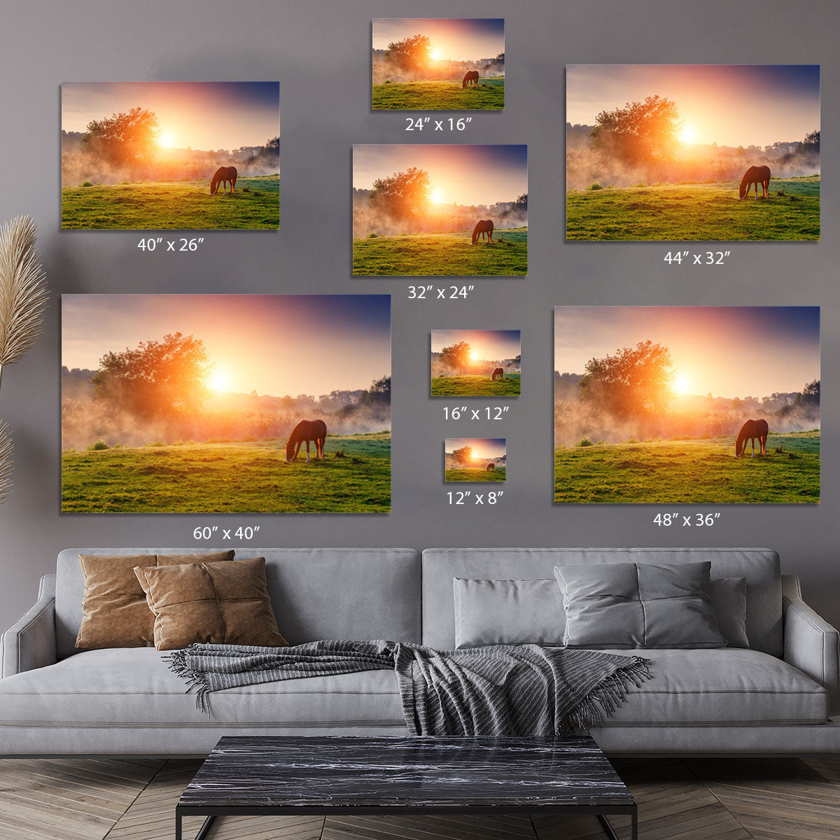 Arabian horses grazing on pasture at sundown in orange sunny beams Canvas Print or Poster - Canvas Art Rocks - 7