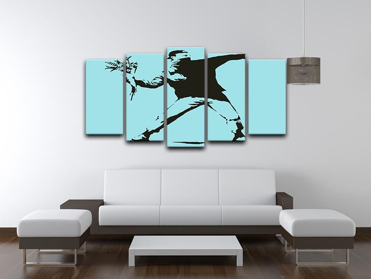 Banksy Flower Thrower Light Blue 5 Split Panel Canvas - Canvas Art Rocks - 3