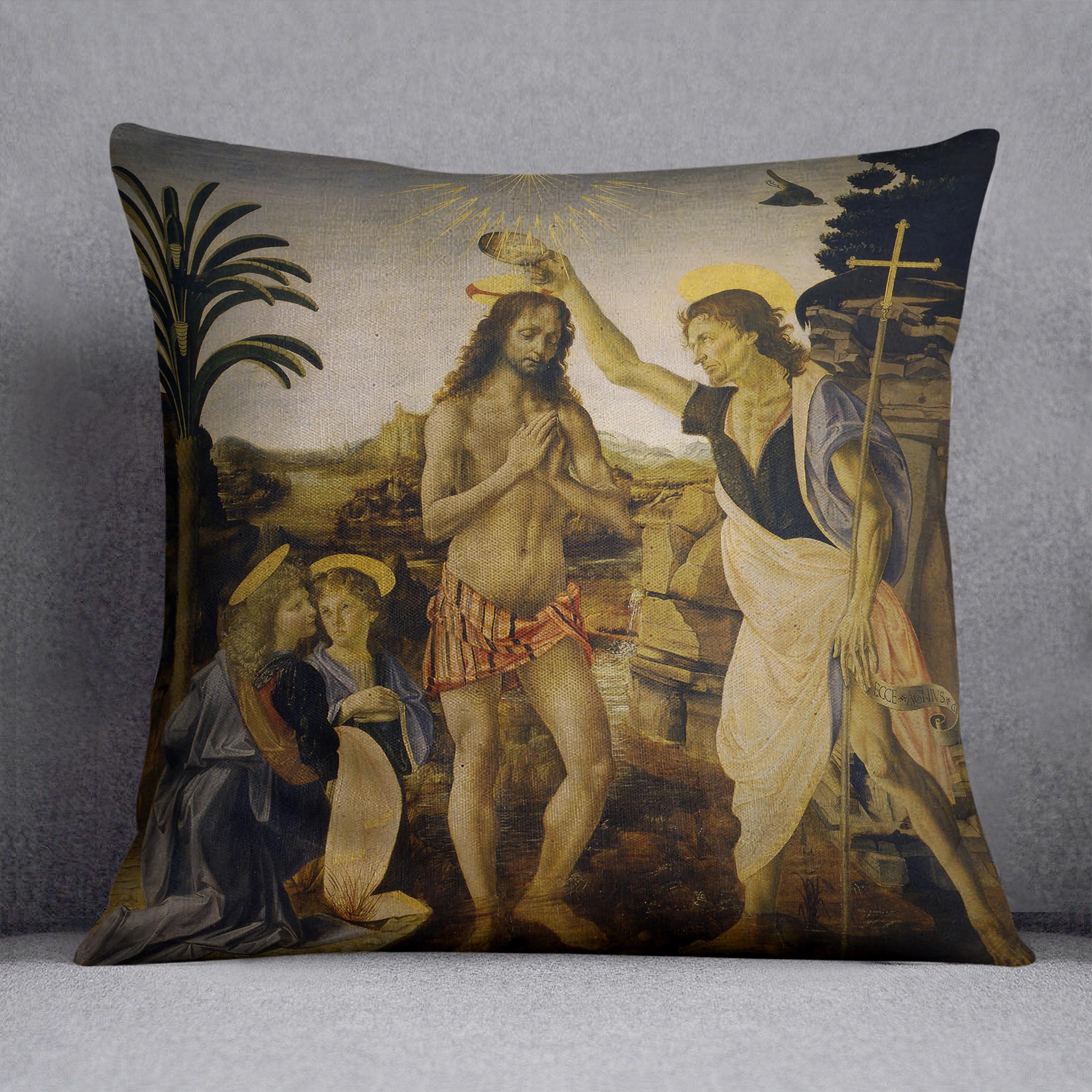 Baptism Of Christ by Da Vinci Cushion