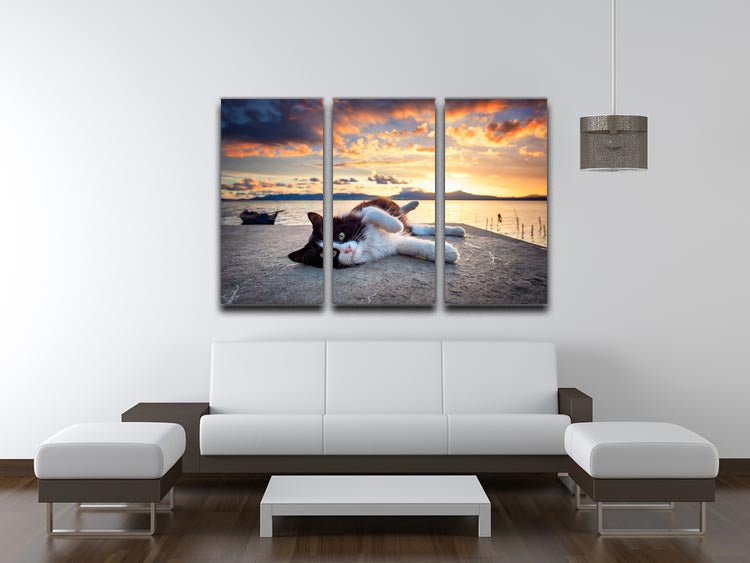 Black and white cat lying under a dramatic sunset on the lagoon 3 Split Panel Canvas Print - Canvas Art Rocks - 3