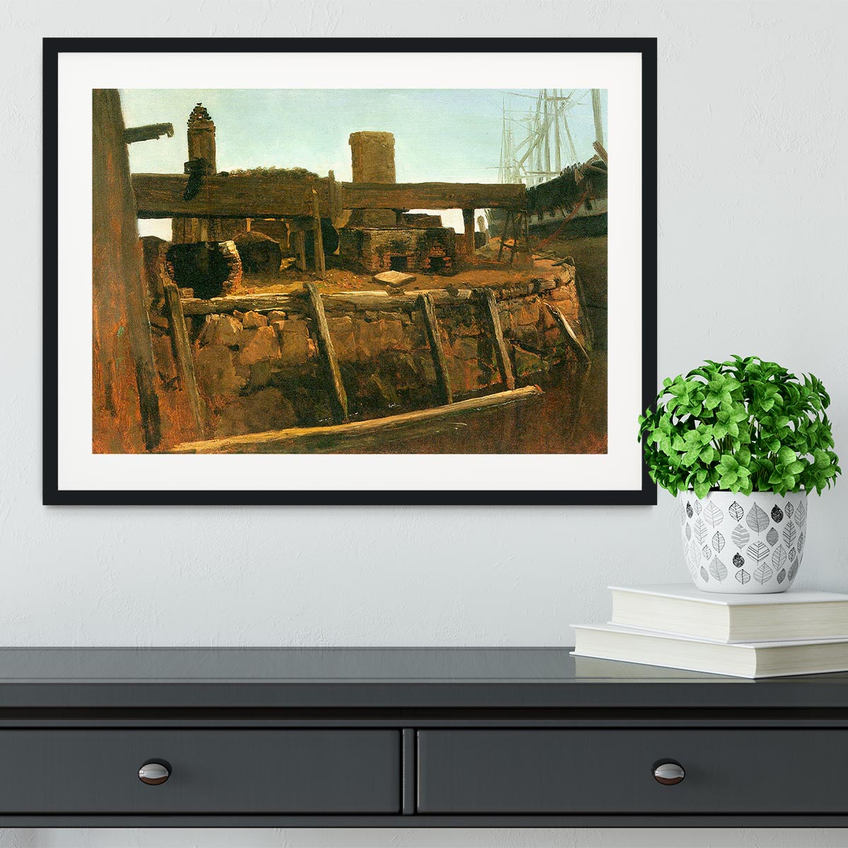 Boat at the dock by Bierstadt Framed Print - Canvas Art Rocks - 1