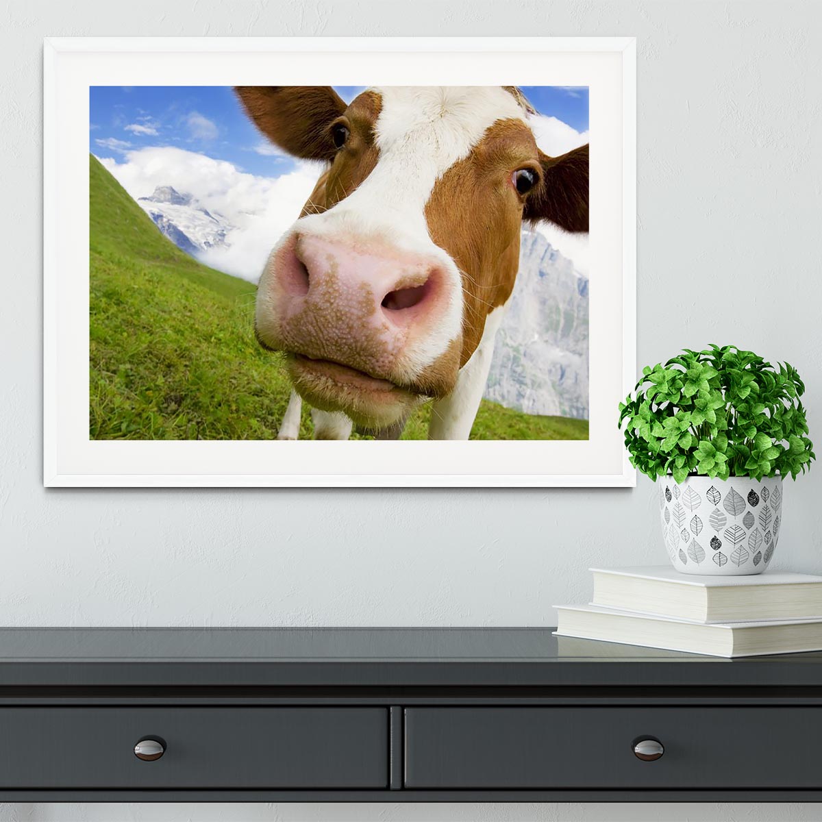 Brown and white cow in the alps Framed Print - Canvas Art Rocks - 5