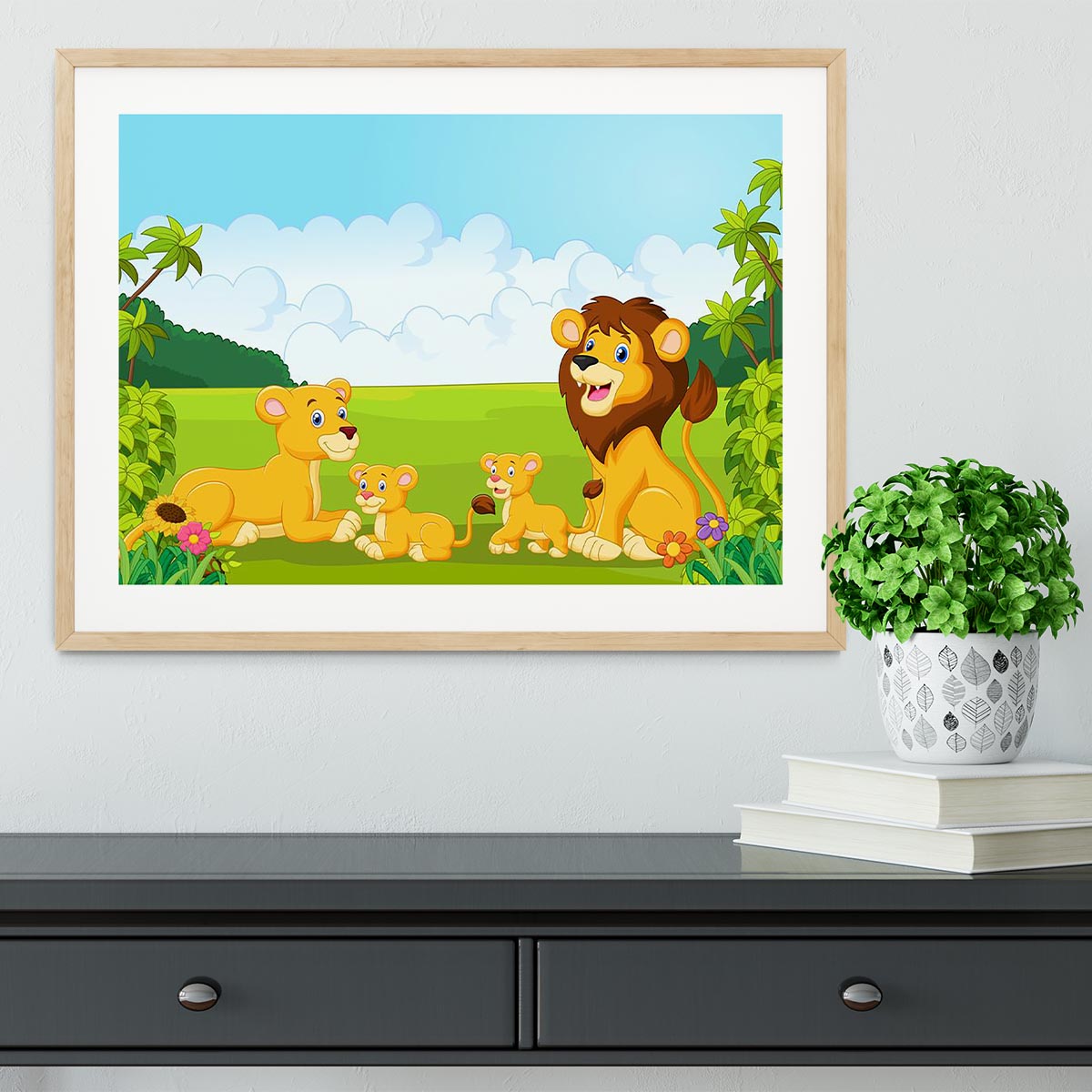 Cartoon lion family Framed Print - Canvas Art Rocks - 3