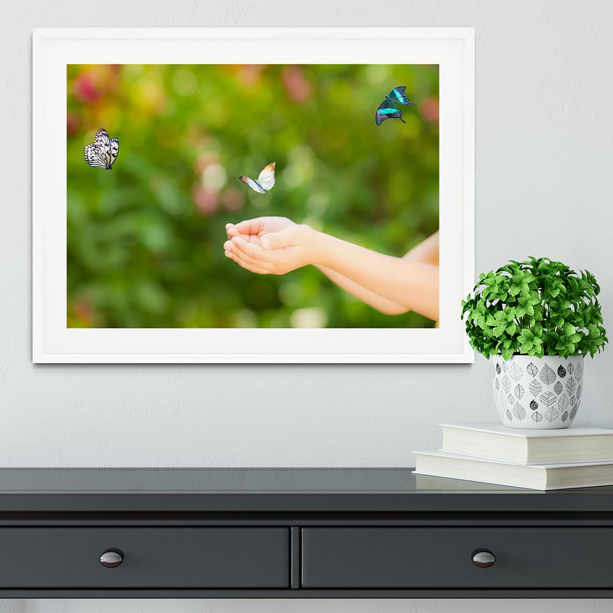 Children hands and flying butterfly Framed Print - Canvas Art Rocks - 5