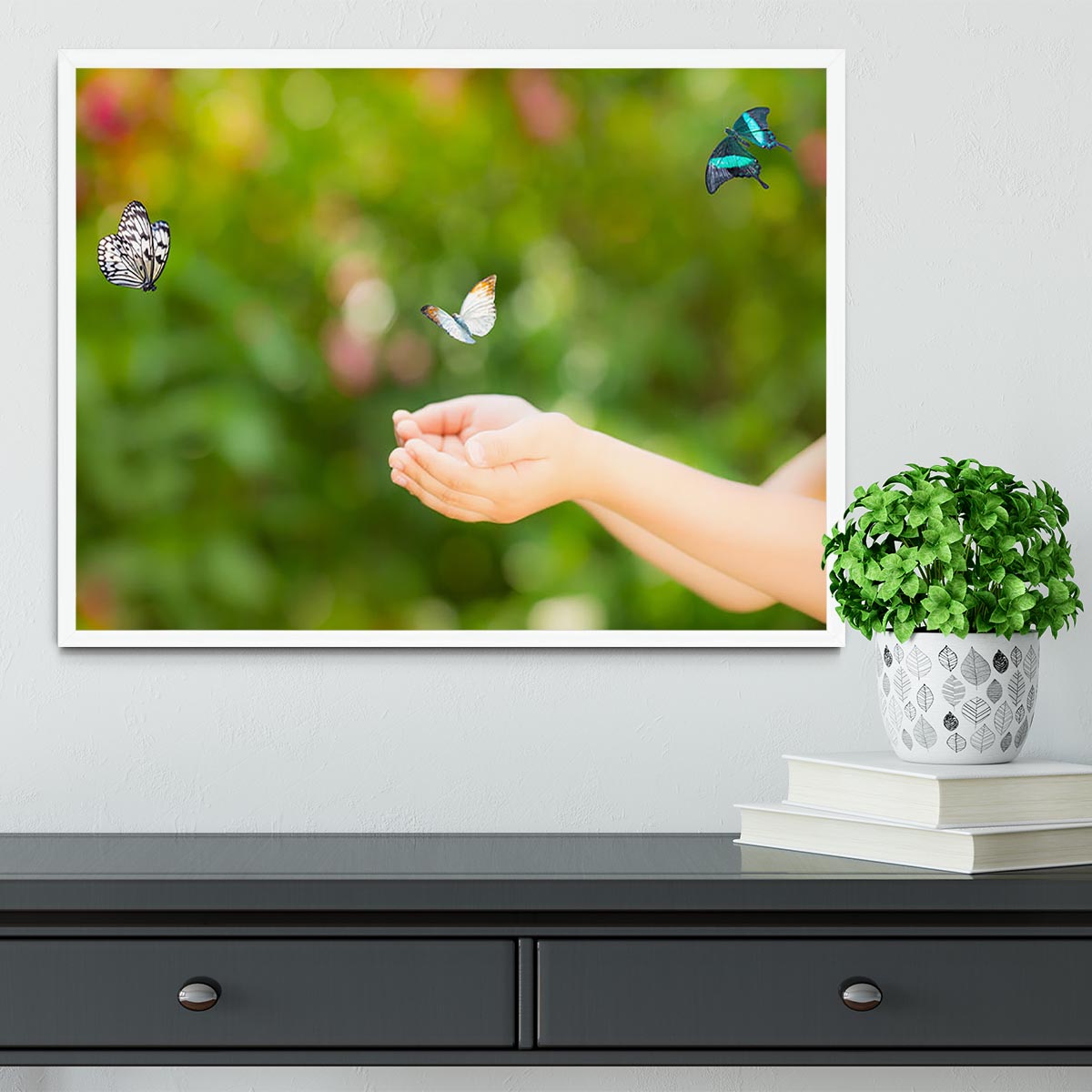 Children hands and flying butterfly Framed Print - Canvas Art Rocks -6