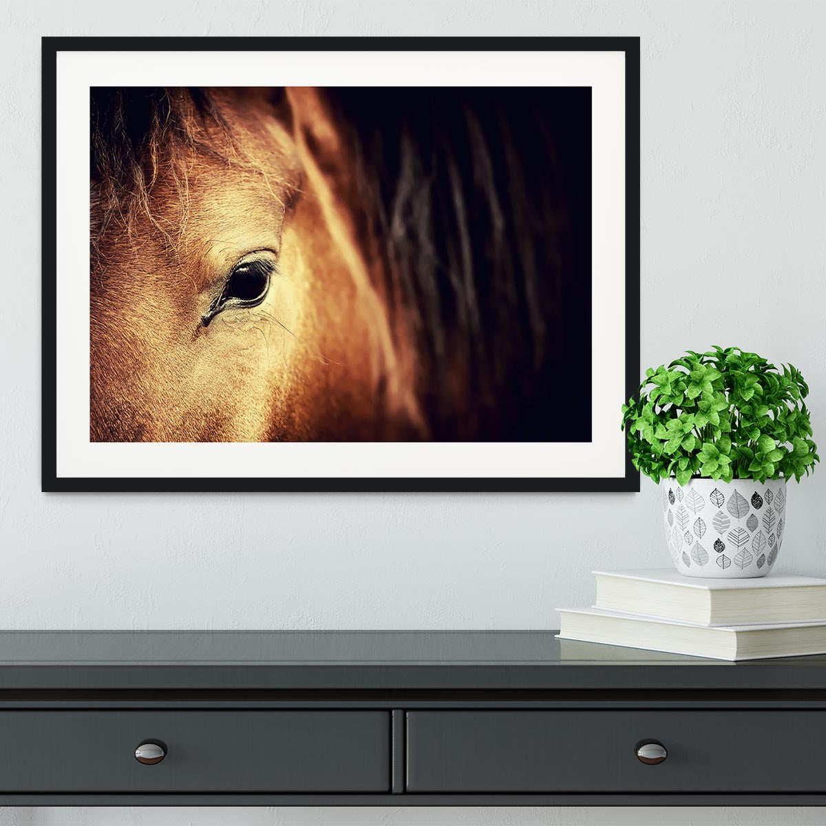 Close-up eye of Arabian bay horse on dark Framed Print - Canvas Art Rocks - 1