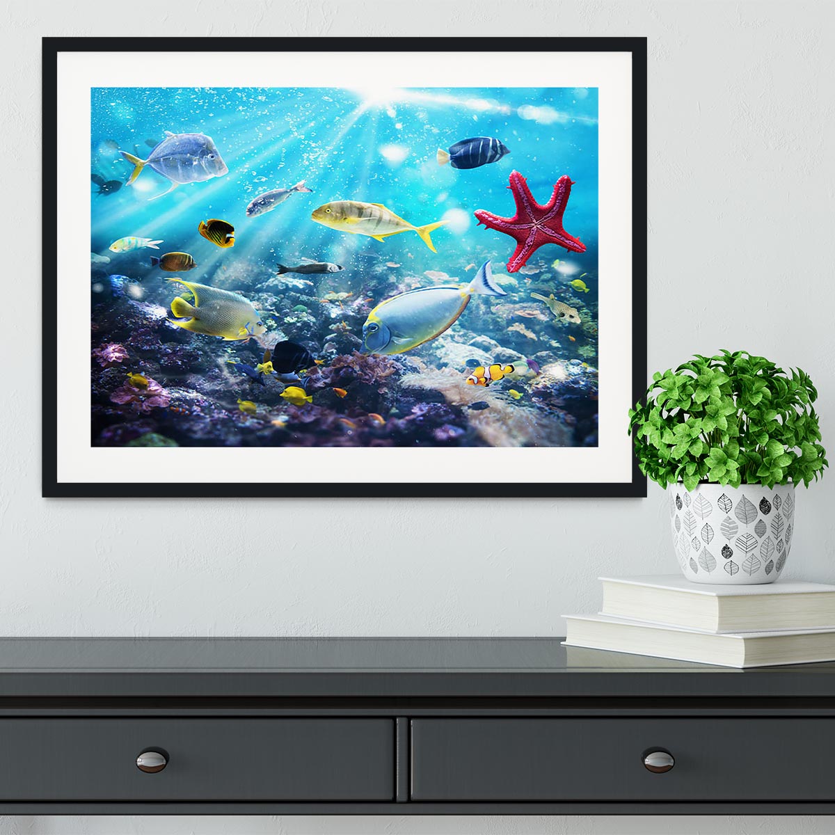 Colourful fish and marine vegetation undersea with sunray Framed Print - Canvas Art Rocks - 1