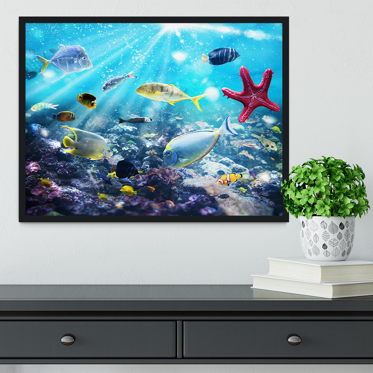 Colourful fish and marine vegetation undersea with sunray Framed Print - Canvas Art Rocks - 2