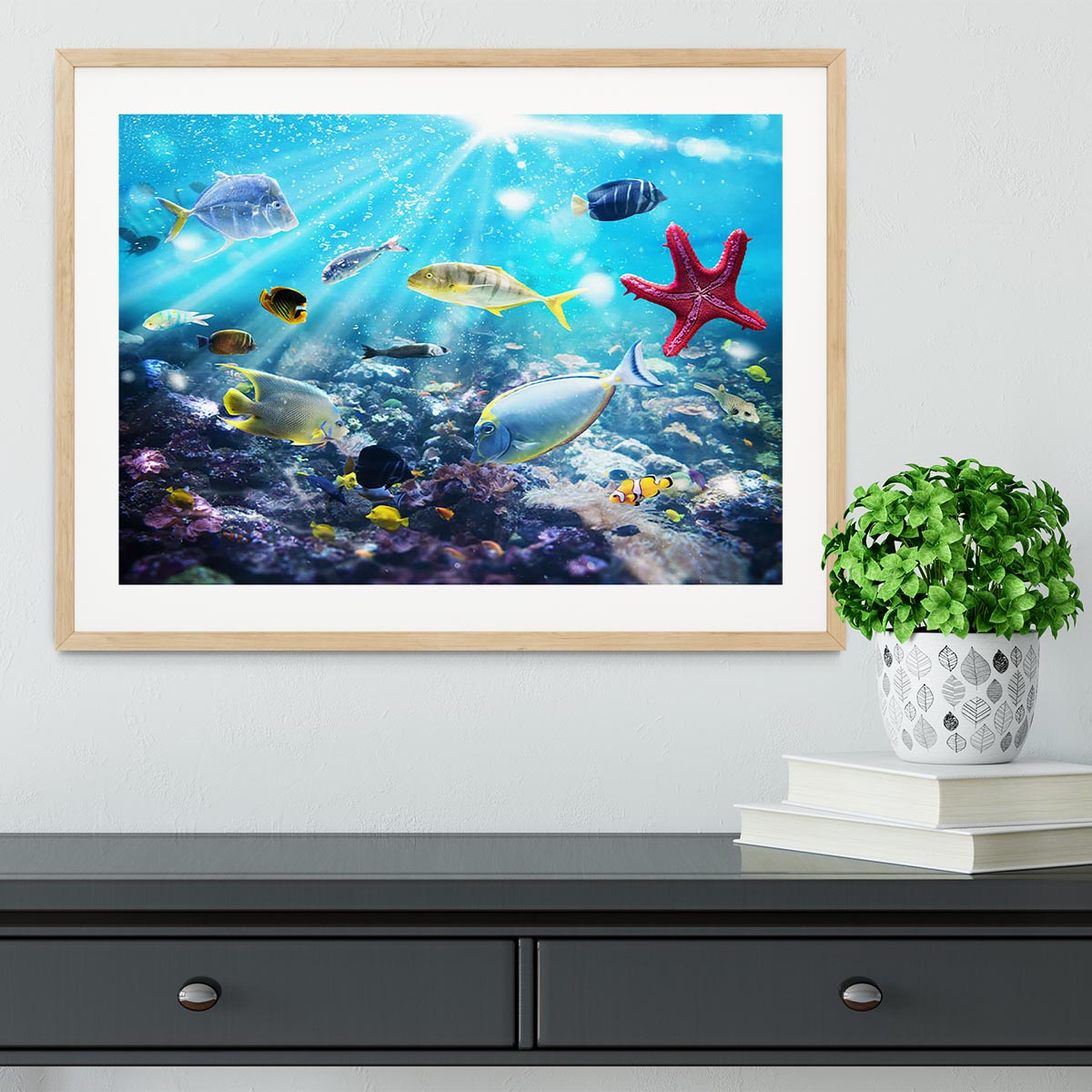 Colourful fish and marine vegetation undersea with sunray Framed Print - Canvas Art Rocks - 3
