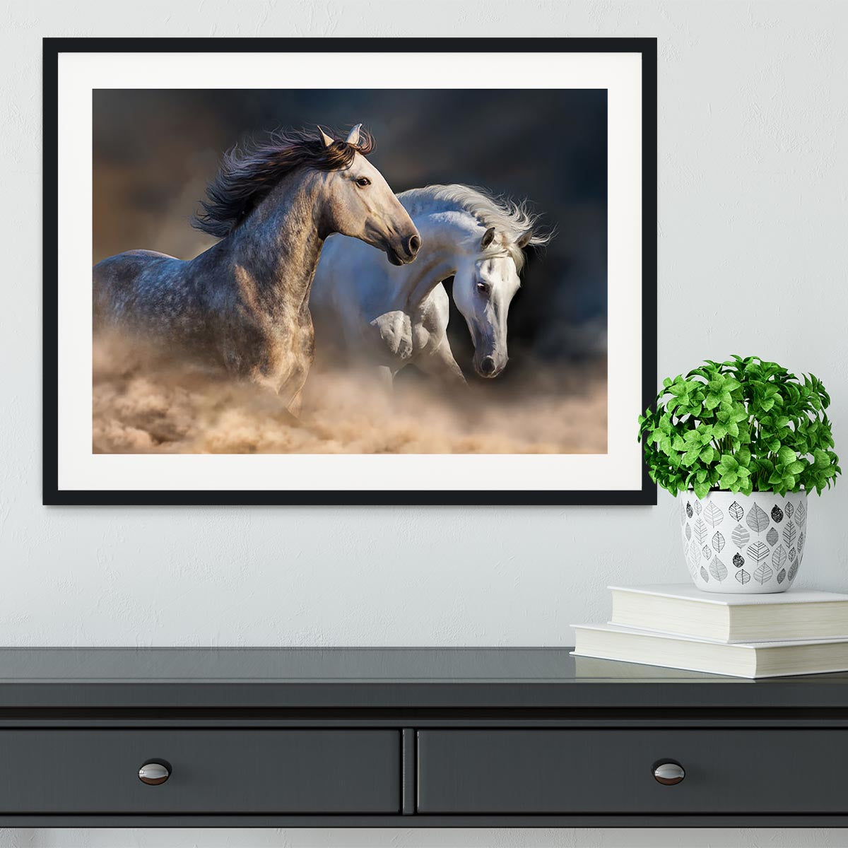 Couple of horse run in dust at sunset light Framed Print - Canvas Art Rocks - 1