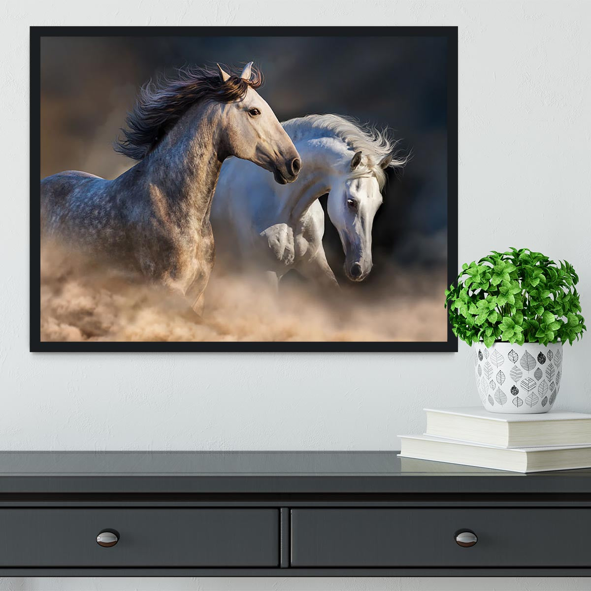 Couple of horse run in dust at sunset light Framed Print - Canvas Art Rocks - 2
