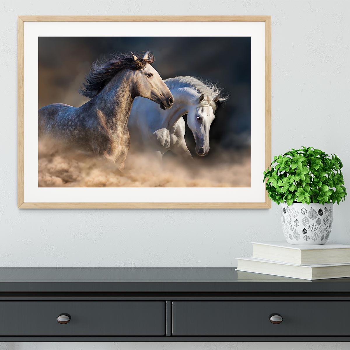 Couple of horse run in dust at sunset light Framed Print - Canvas Art Rocks - 3