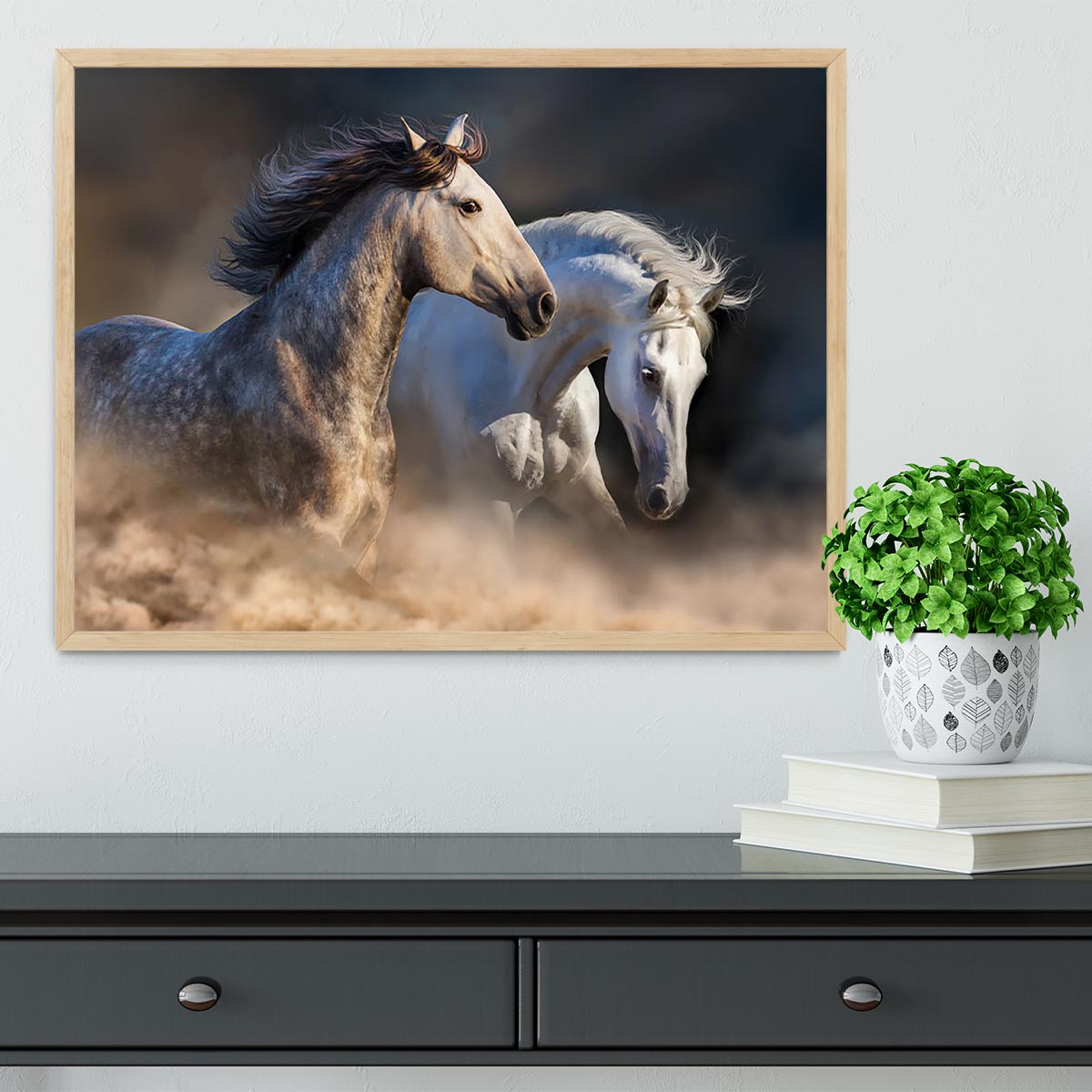 Couple of horse run in dust at sunset light Framed Print - Canvas Art Rocks - 4