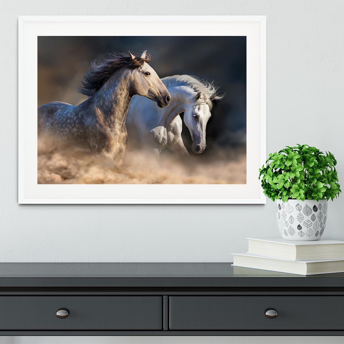 Couple of horse run in dust at sunset light Framed Print - Canvas Art Rocks - 5