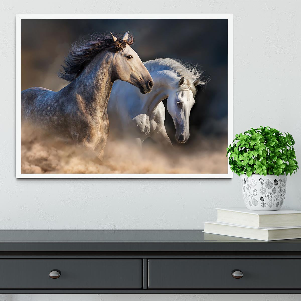 Couple of horse run in dust at sunset light Framed Print - Canvas Art Rocks -6