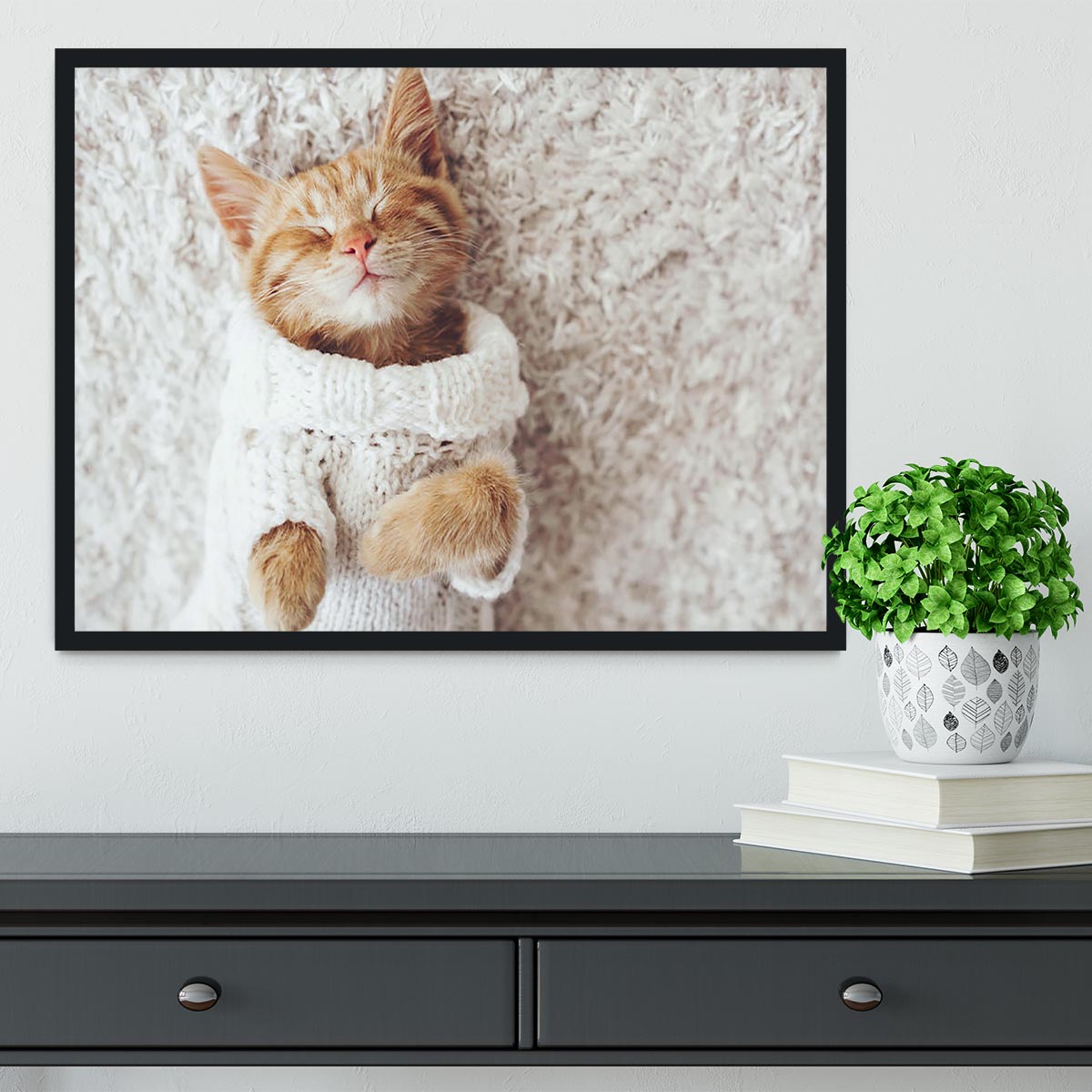 Cute little ginger kitten wearing warm knitted sweater Framed Print - Canvas Art Rocks - 2