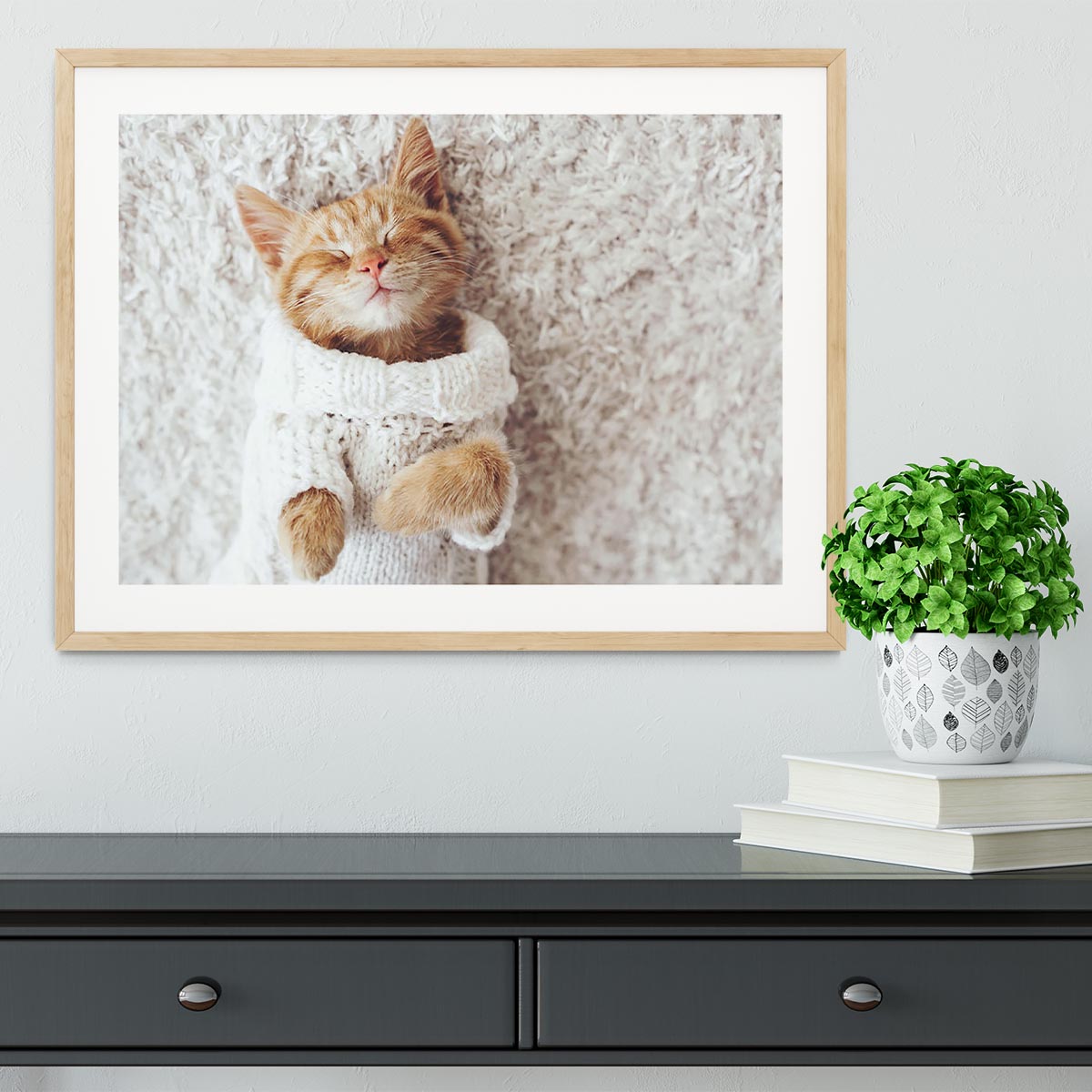 Cute little ginger kitten wearing warm knitted sweater Framed Print - Canvas Art Rocks - 3