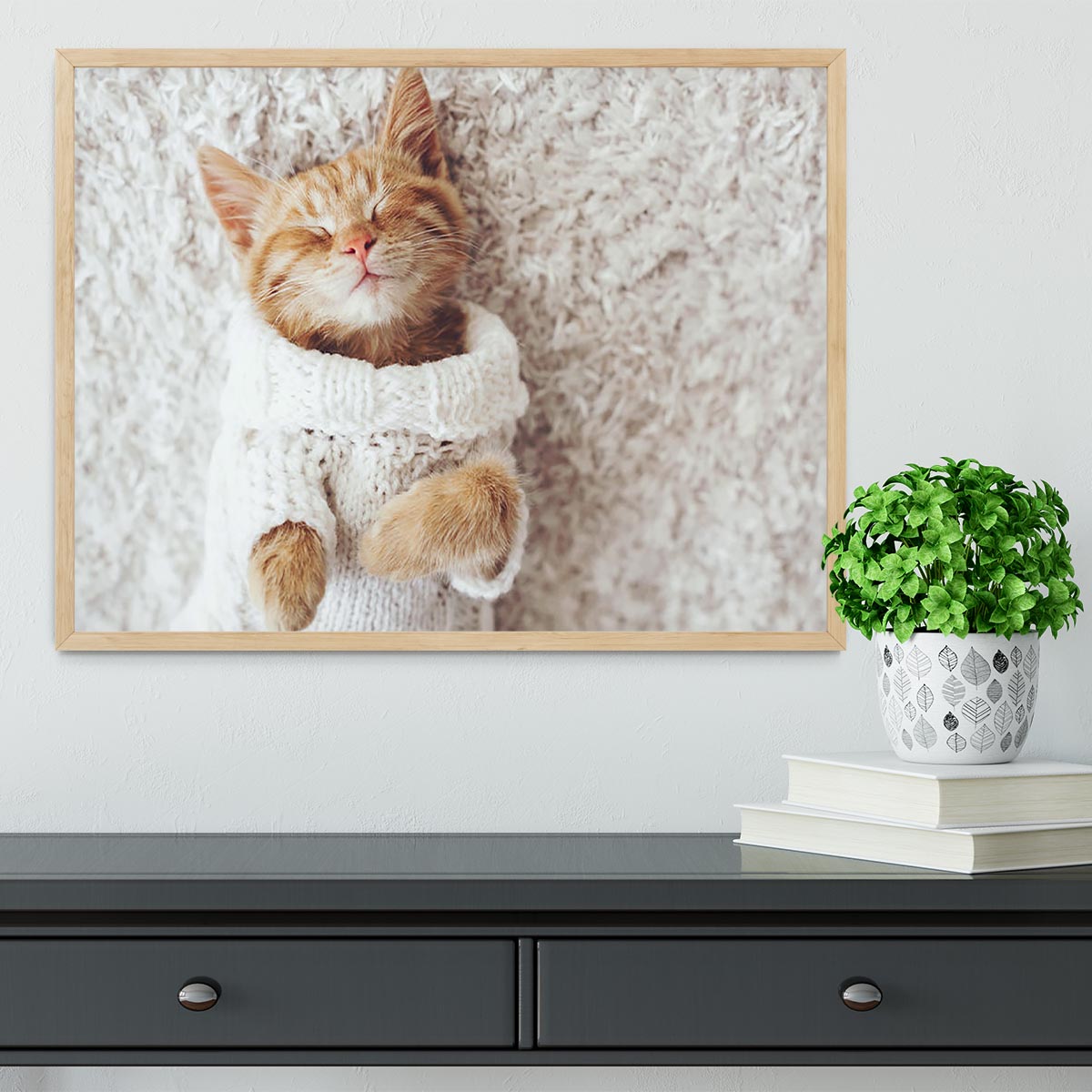 Cute little ginger kitten wearing warm knitted sweater Framed Print - Canvas Art Rocks - 4