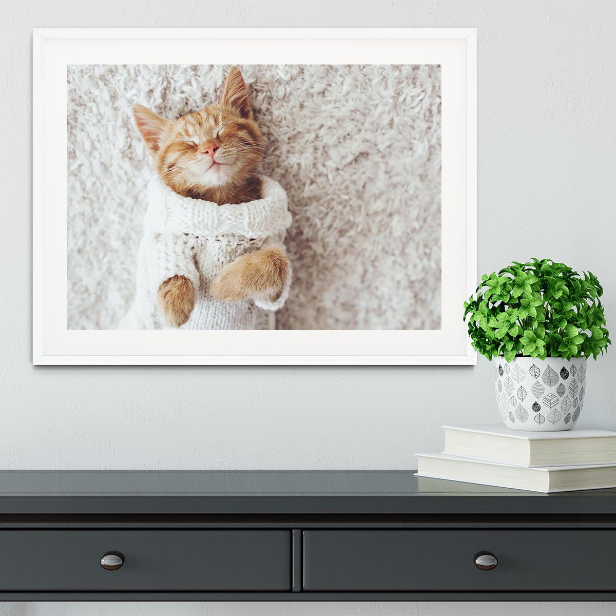 Cute little ginger kitten wearing warm knitted sweater Framed Print - Canvas Art Rocks - 5